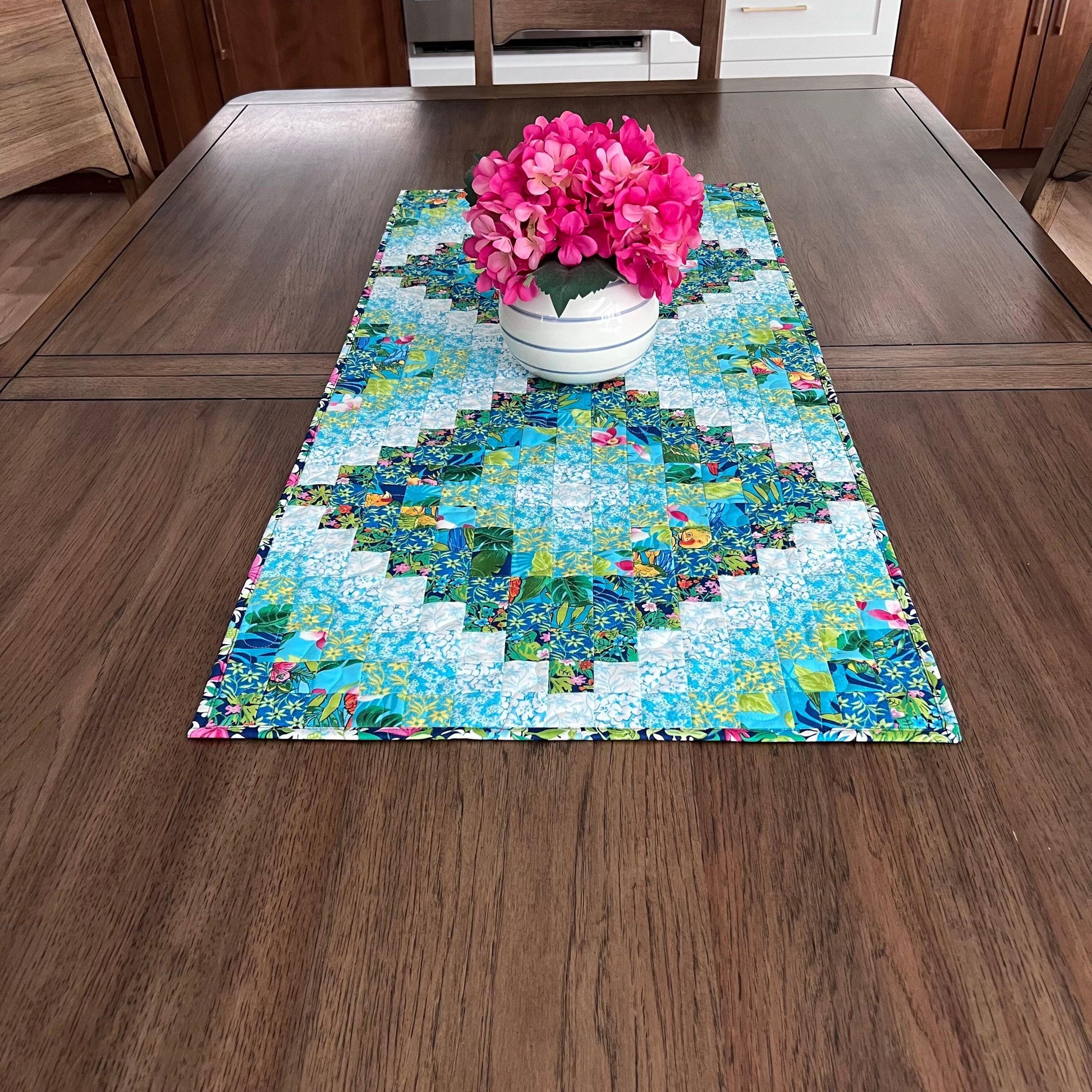 Tropical Trip Around the World Quilted Table Runner, 19" x 39.75", Handmade Blue Green Pink White Tropical Parrot Table Runner Quilt