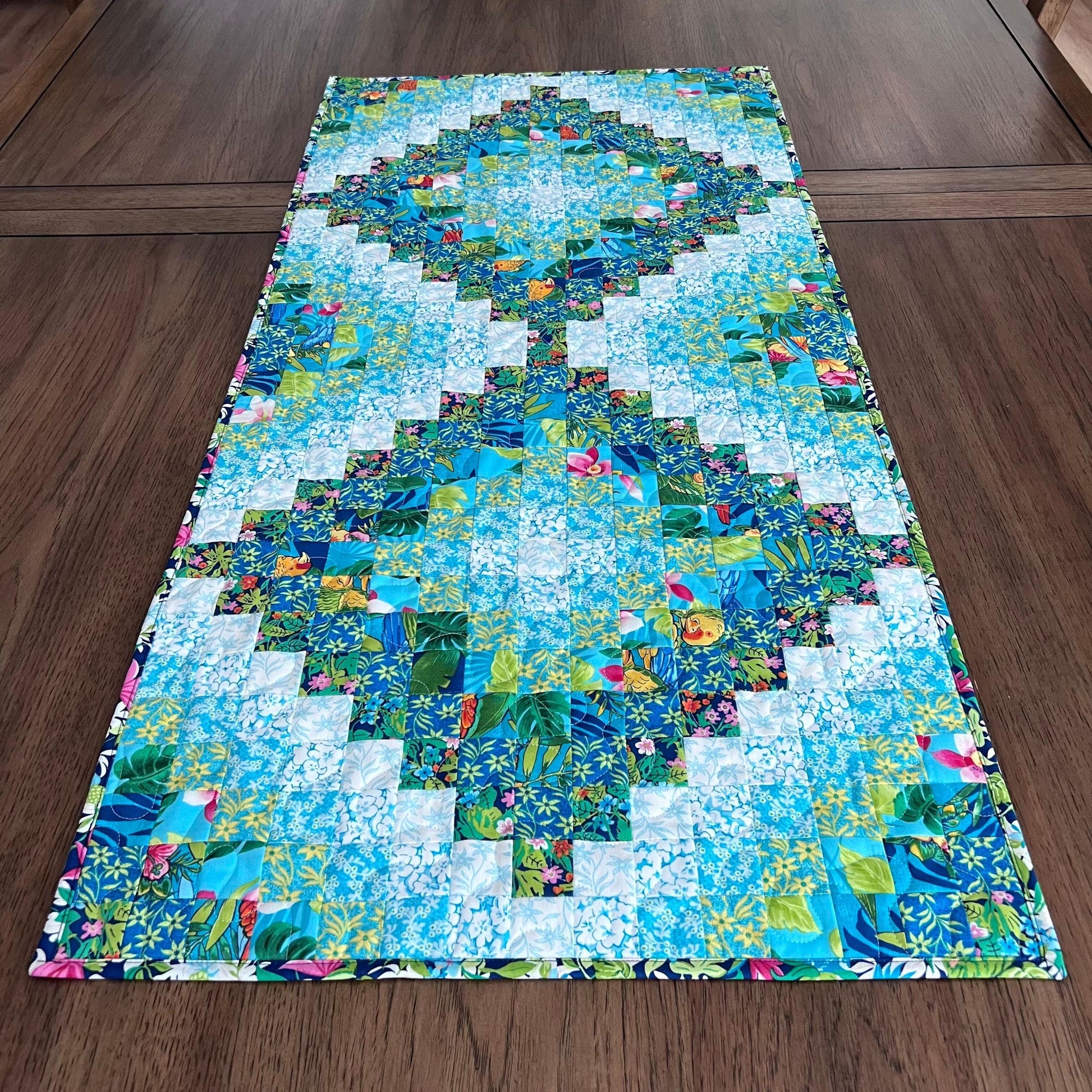 Tropical Trip Around the World Quilted Table Runner, 19" x 39.75", Handmade Blue Green Pink White Tropical Parrot Table Runner Quilt