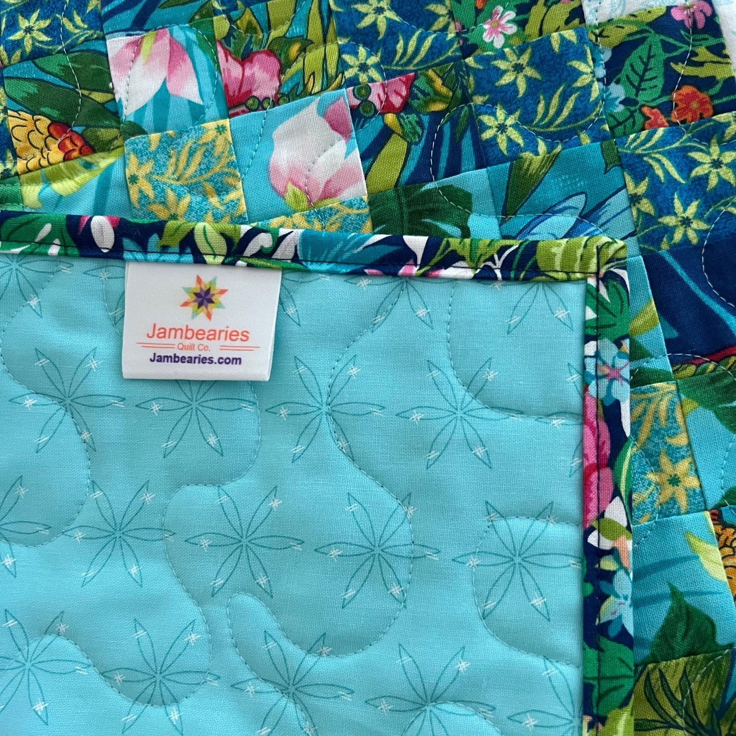 Tropical Trip Around the World Quilted Table Runner, 19" x 39.75", Handmade Blue Green Pink White Tropical Parrot Table Runner Quilt
