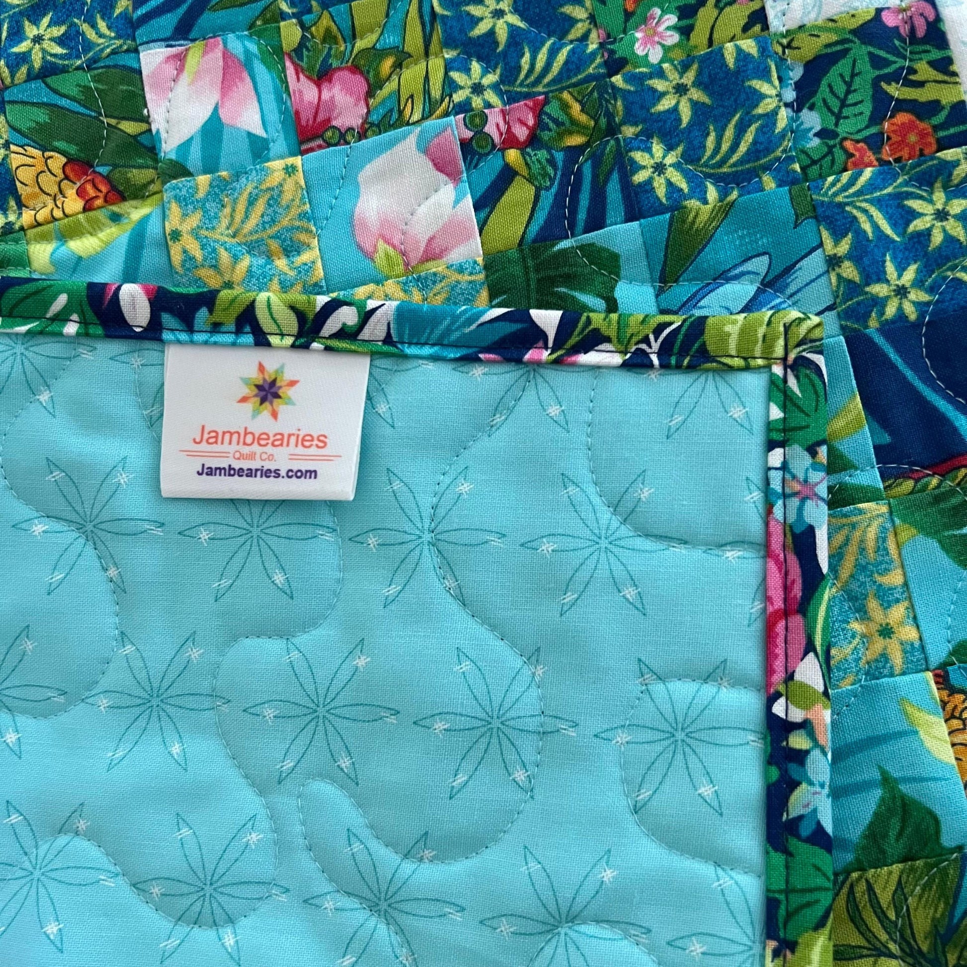 Tropical Trip Around the World Quilted Table Runner, 19" x 39.75", Handmade Blue Green Pink White Tropical Parrot Table Runner Quilt