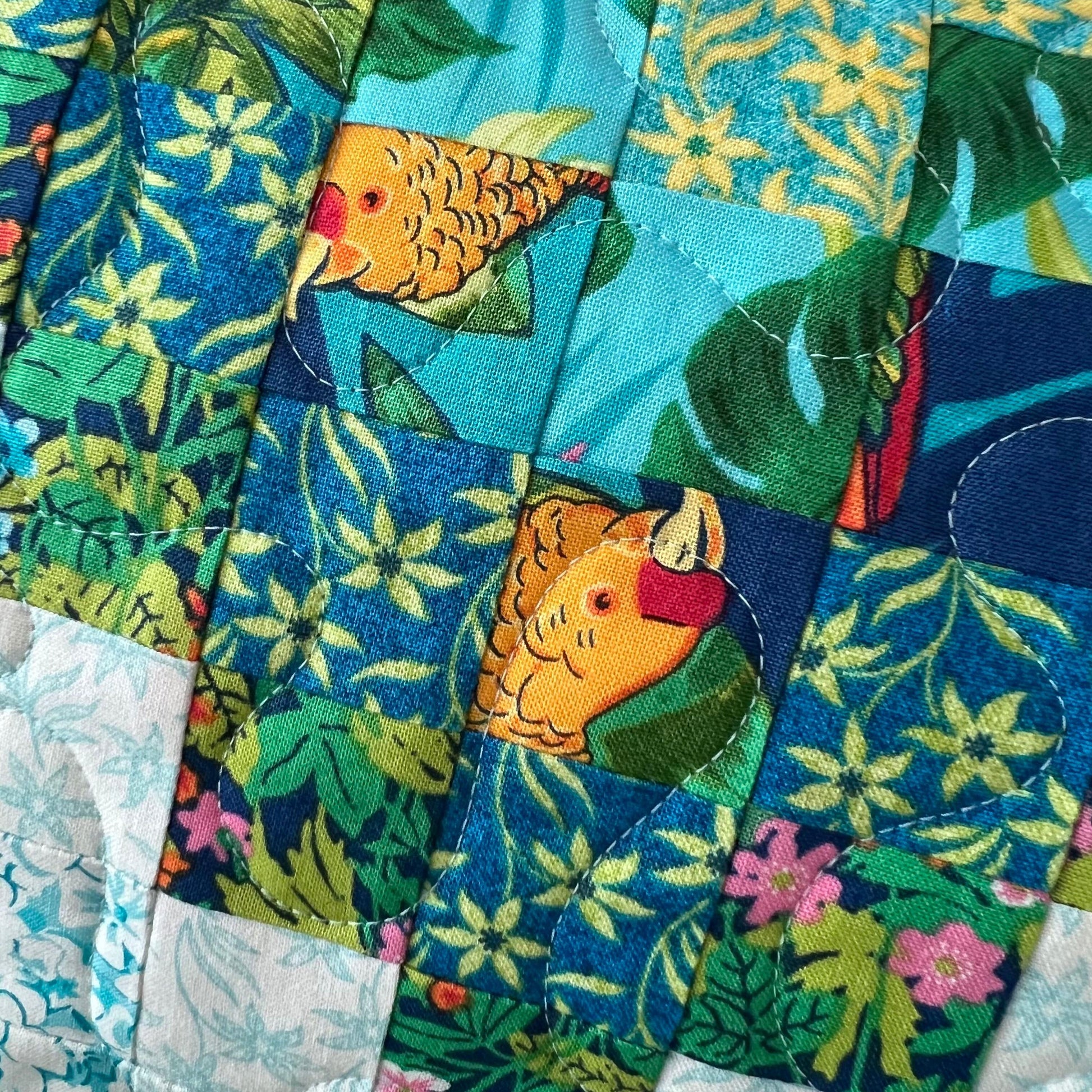 Tropical Trip Around the World Quilted Table Runner, 19" x 39.75", Handmade Blue Green Pink White Tropical Parrot Table Runner Quilt