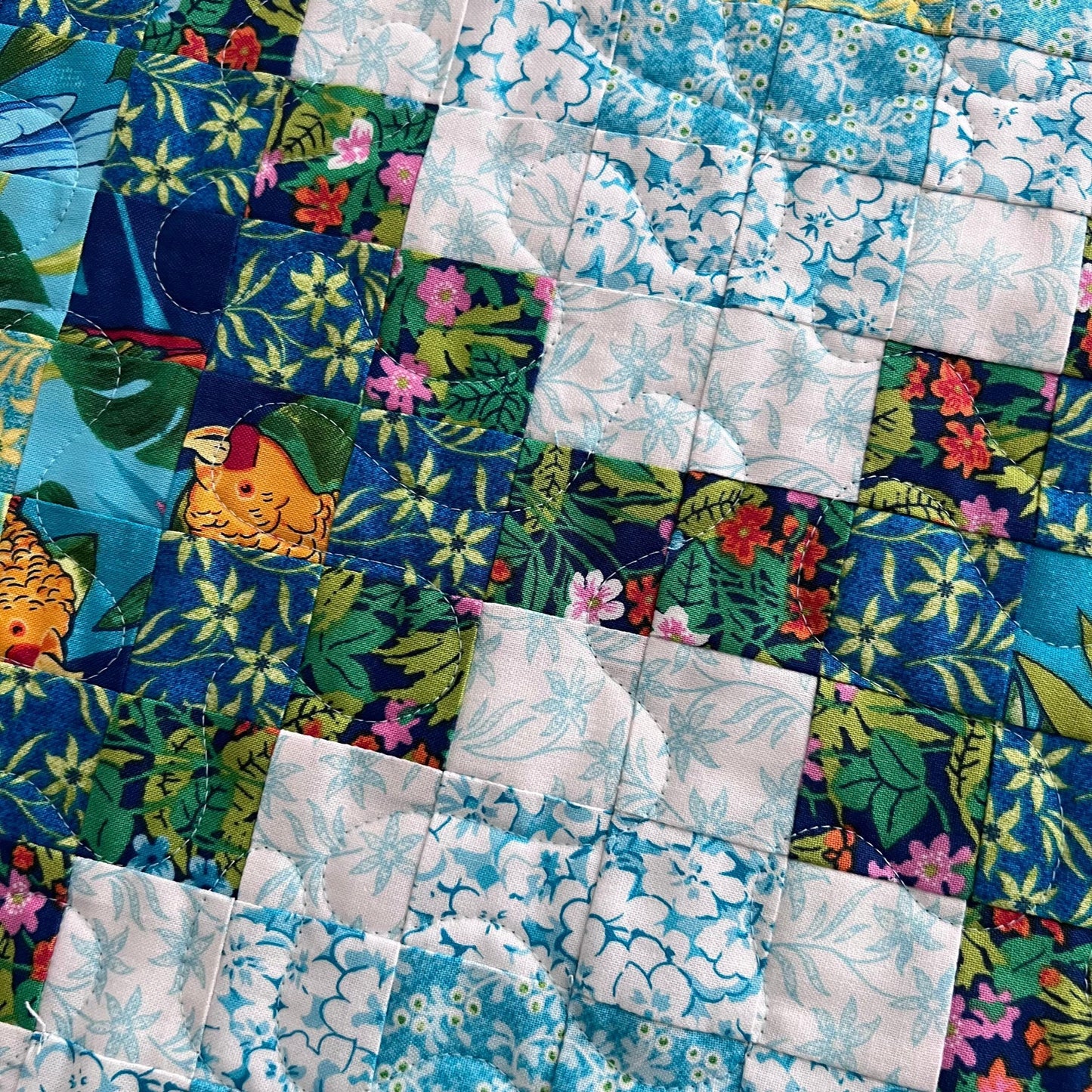 Tropical Trip Around the World Quilted Table Runner, 19" x 39.75", Handmade Blue Green Pink White Tropical Parrot Table Runner Quilt