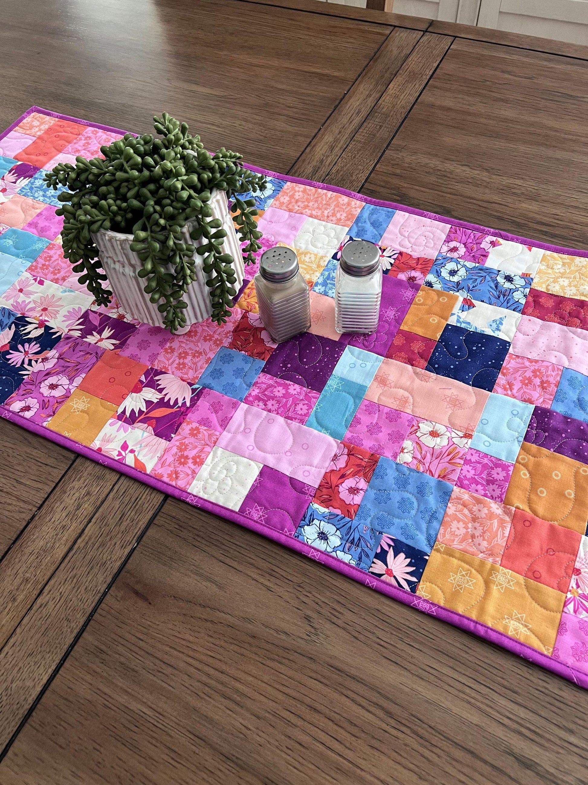 Pink Blue Gold Floral Quilted Table Runner, 19" x 39.75", Handmade Blue Pink Purple Yellow White Patchwork Table Runner Quilt
