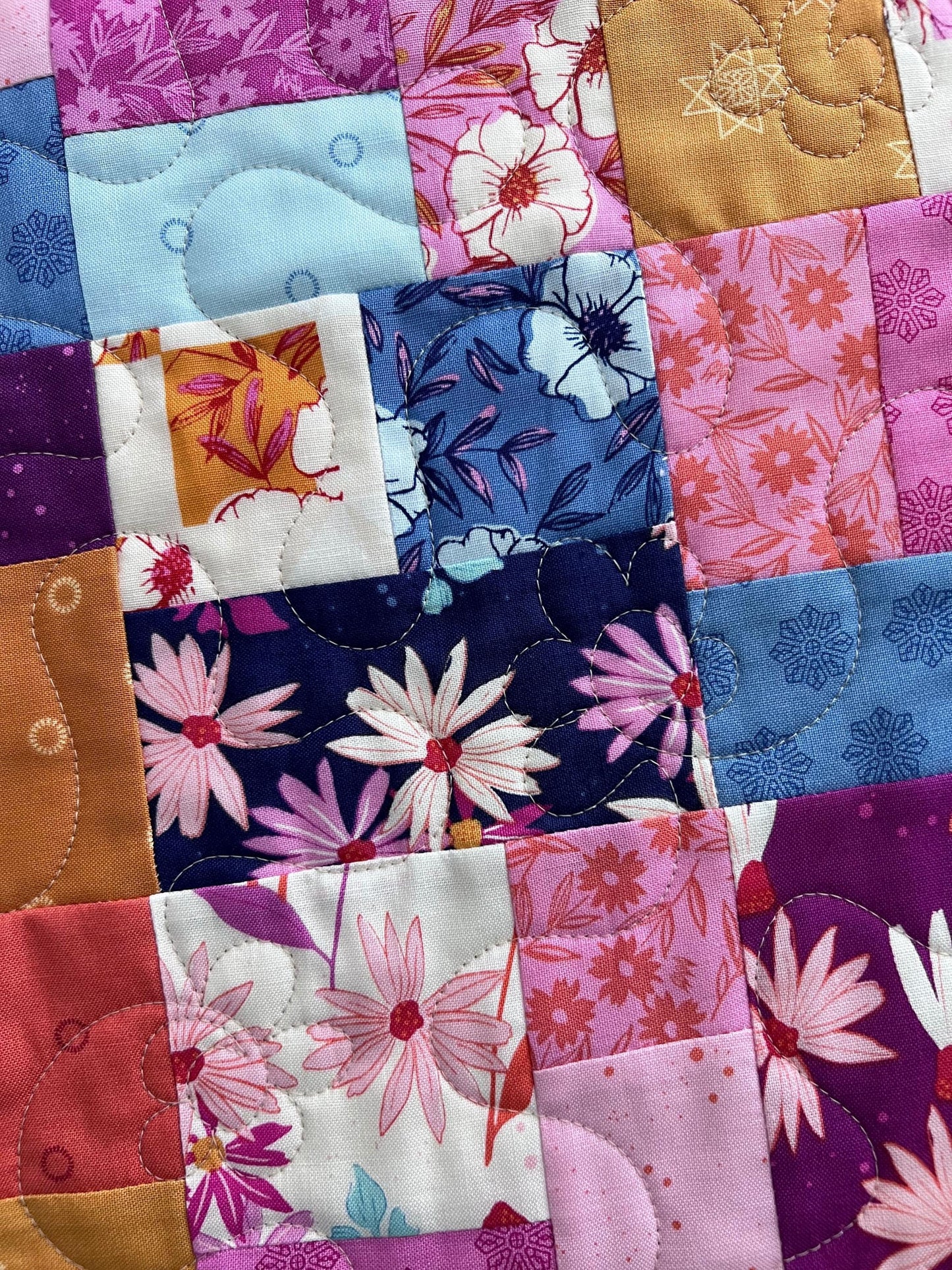 Pink Blue Gold Floral Quilted Table Runner, 19" x 39.75", Handmade Blue Pink Purple Yellow White Patchwork Table Runner Quilt