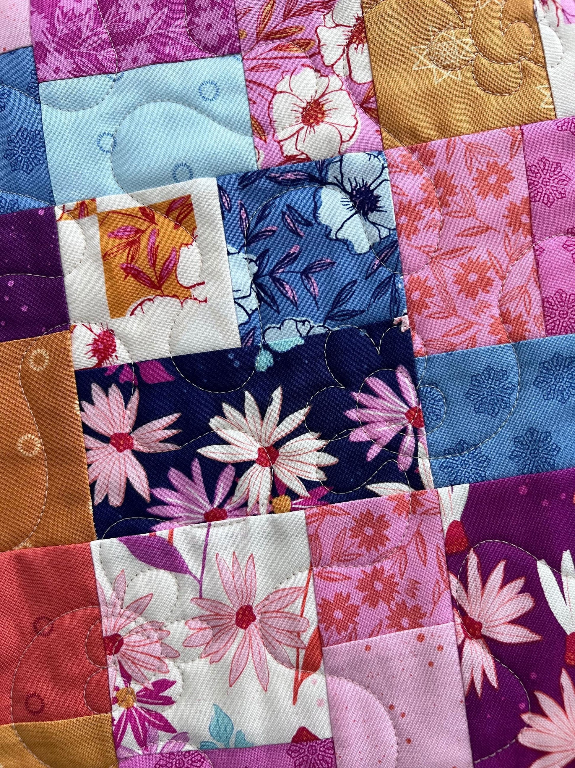 Pink Blue Gold Floral Quilted Table Runner, 19" x 39.75", Handmade Blue Pink Purple Yellow White Patchwork Table Runner Quilt