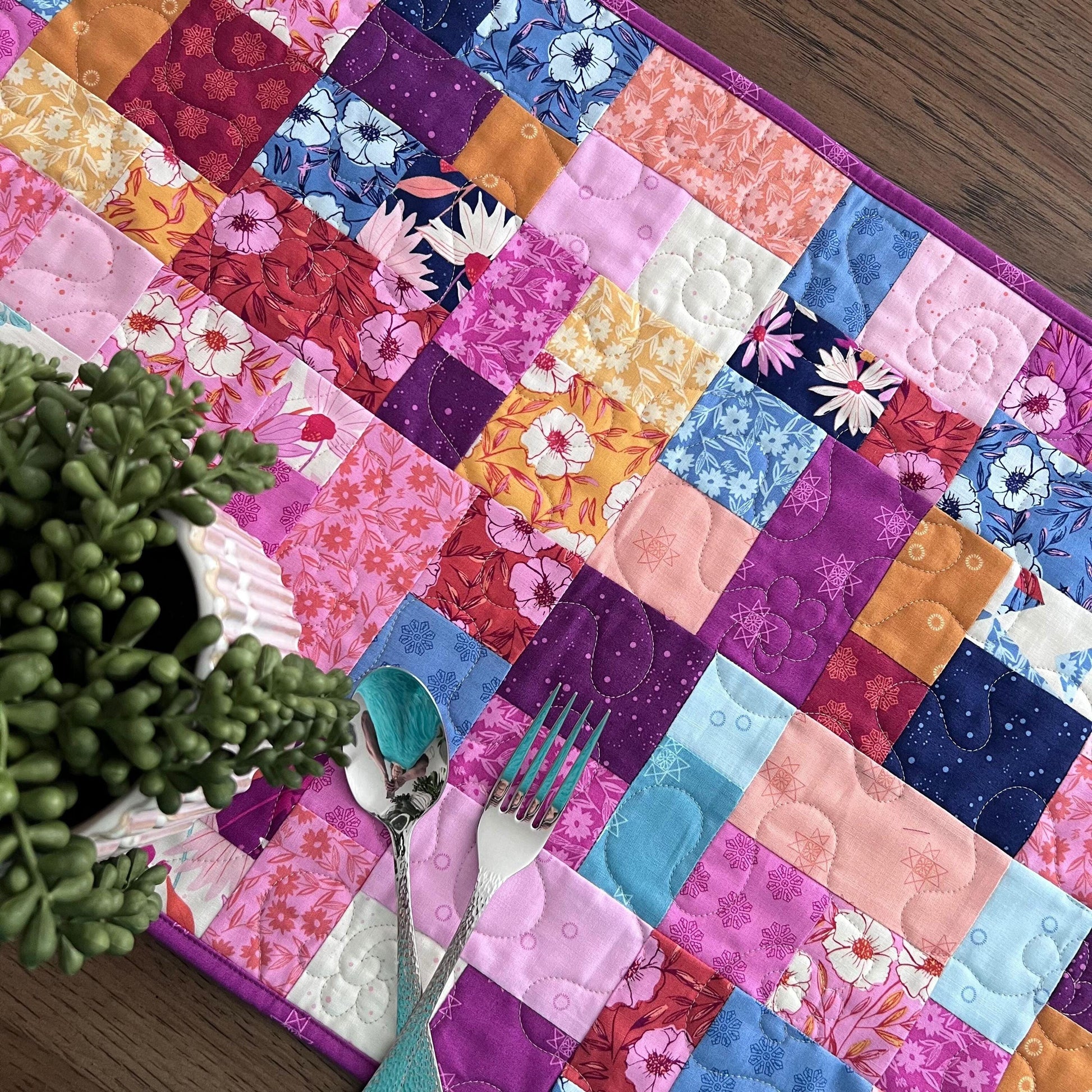 Pink Blue Gold Floral Quilted Table Runner, 19" x 39.75", Handmade Blue Pink Purple Yellow White Patchwork Table Runner Quilt
