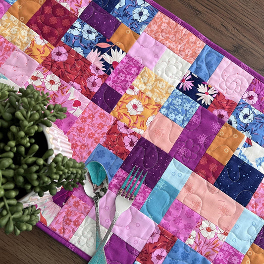 Pink Blue Gold Floral Quilted Table Runner, 19" x 39.75", Handmade Blue Pink Purple Yellow White Patchwork Table Runner Quilt