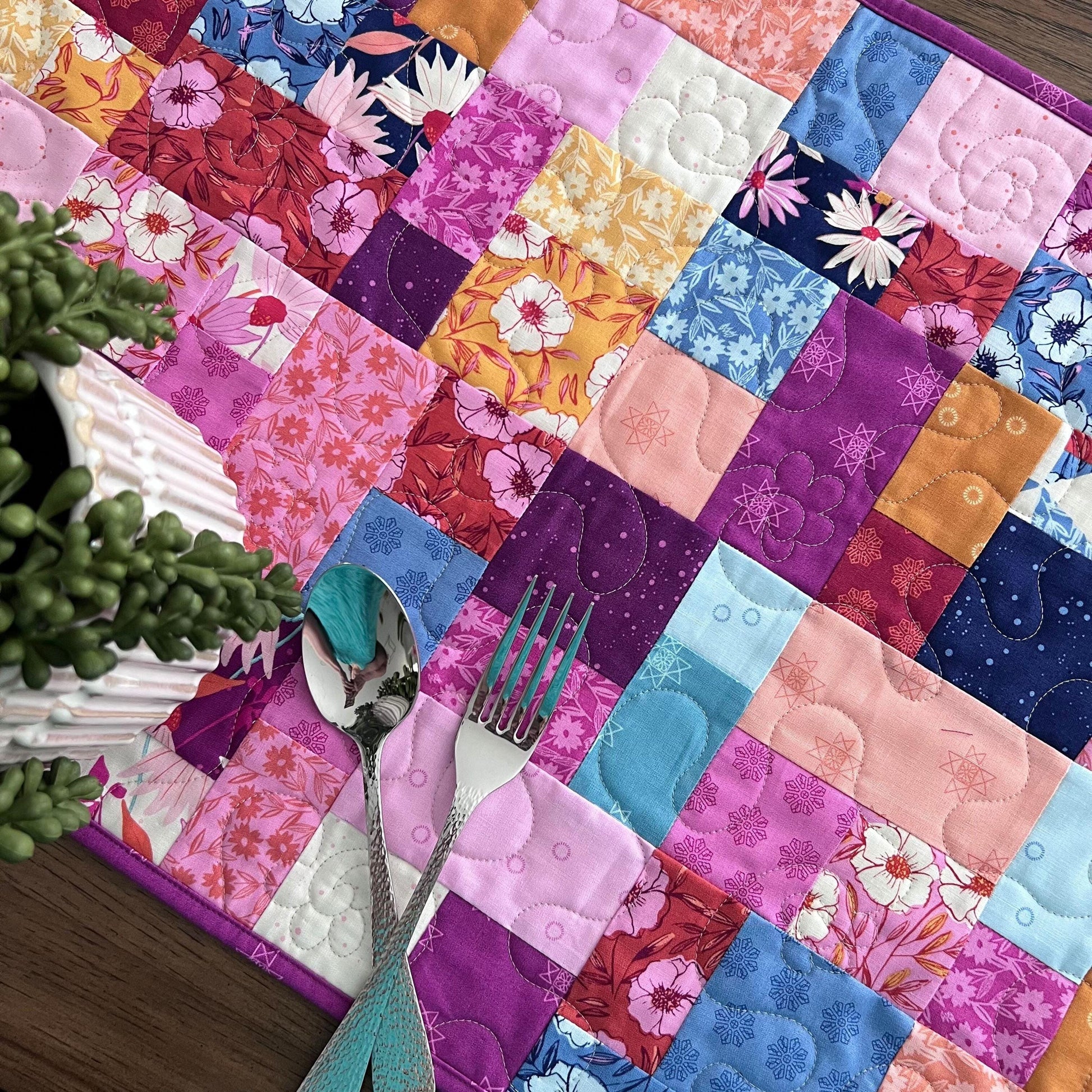 Pink Blue Gold Floral Quilted Table Runner, 19" x 39.75", Handmade Blue Pink Purple Yellow White Patchwork Table Runner Quilt