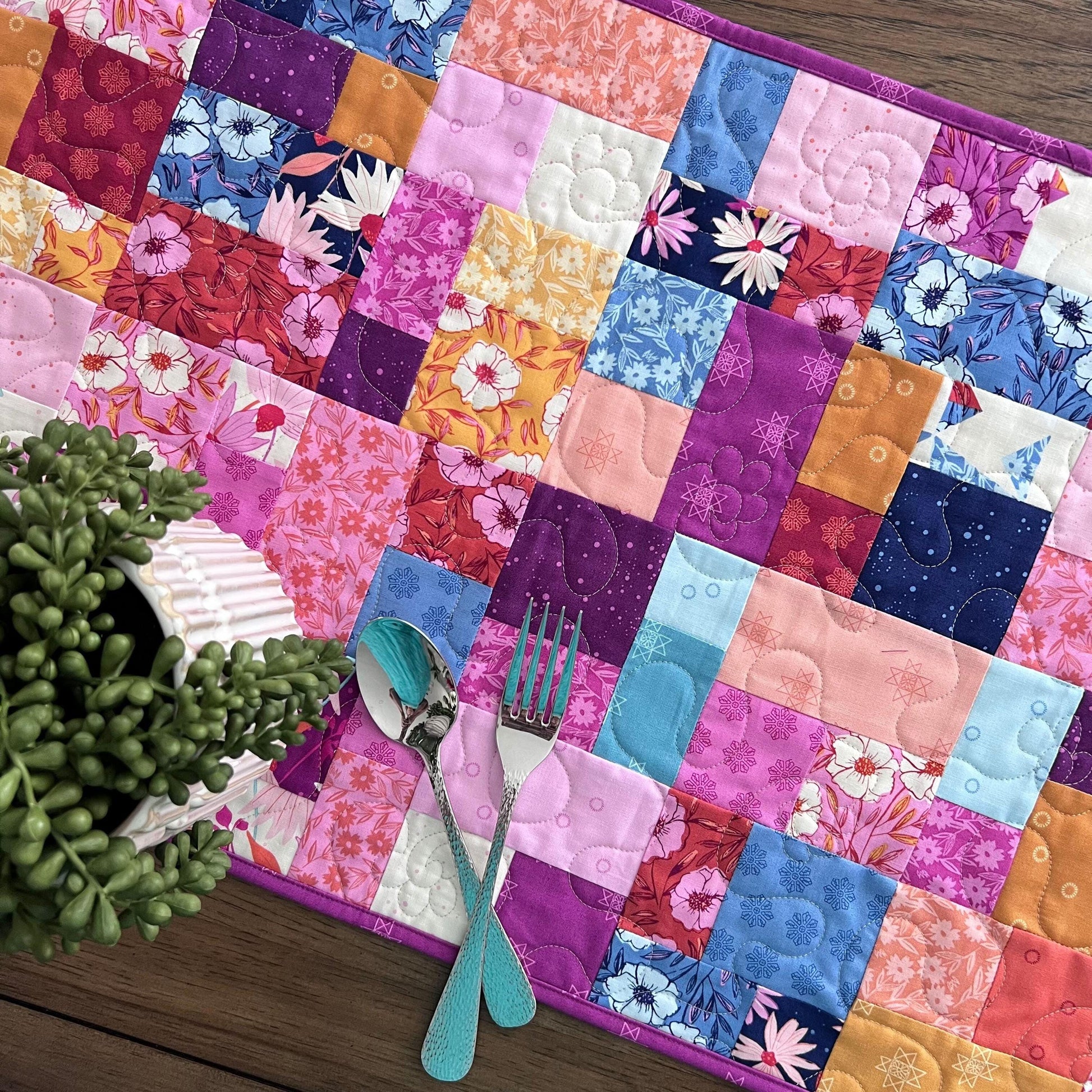 Pink Blue Gold Floral Quilted Table Runner, 19" x 39.75", Handmade Blue Pink Purple Yellow White Patchwork Table Runner Quilt