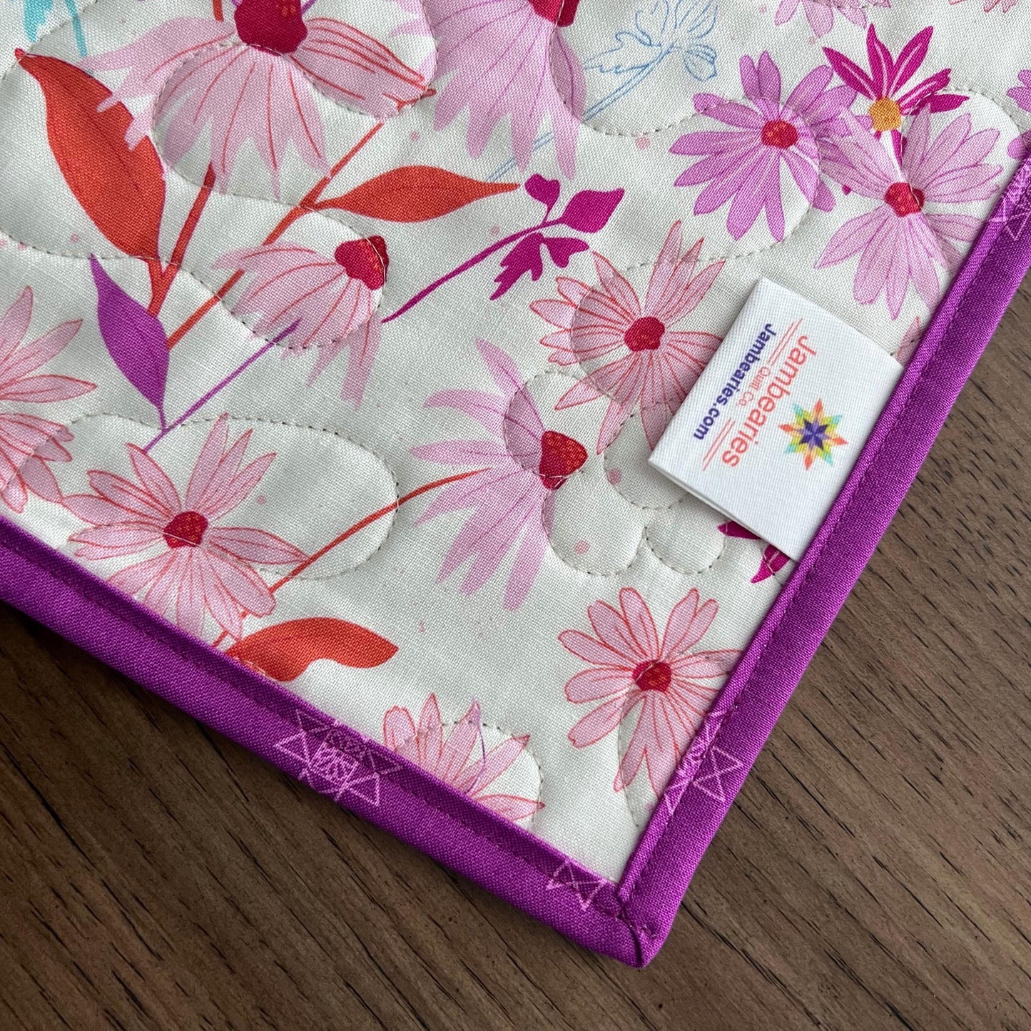 Pink Blue Gold Floral Quilted Table Runner, 19" x 39.75", Handmade Blue Pink Purple Yellow White Patchwork Table Runner Quilt