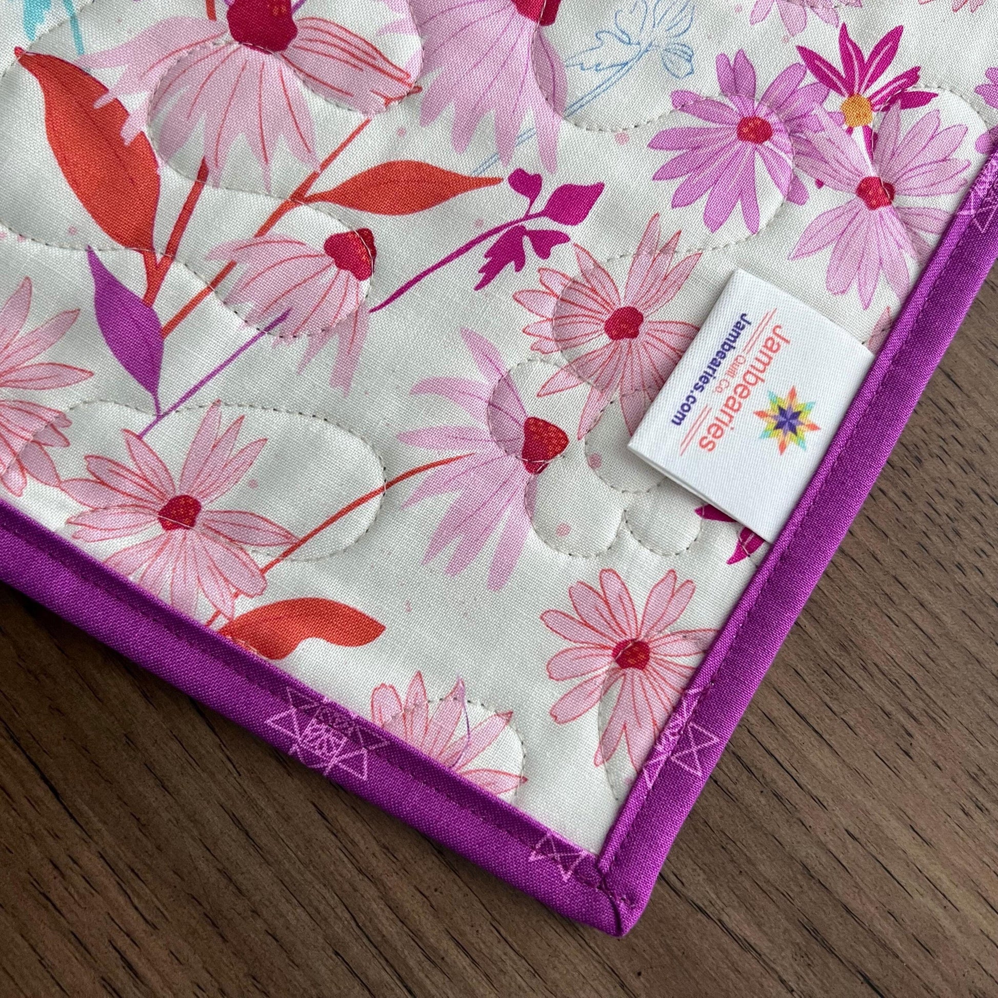 Pink Blue Gold Floral Quilted Table Runner, 19" x 39.75", Handmade Blue Pink Purple Yellow White Patchwork Table Runner Quilt