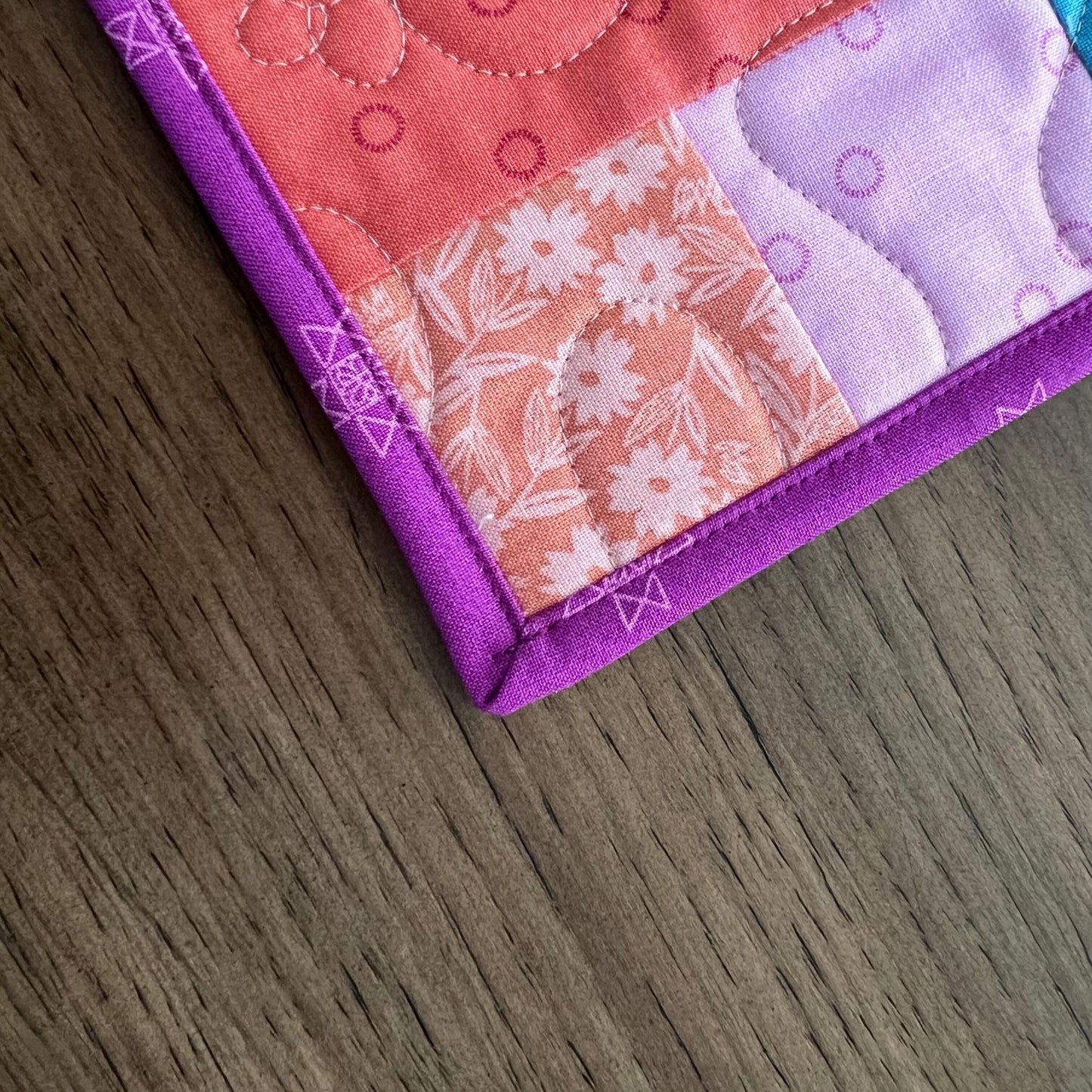 Pink Blue Gold Floral Quilted Table Runner, 19" x 39.75", Handmade Blue Pink Purple Yellow White Patchwork Table Runner Quilt