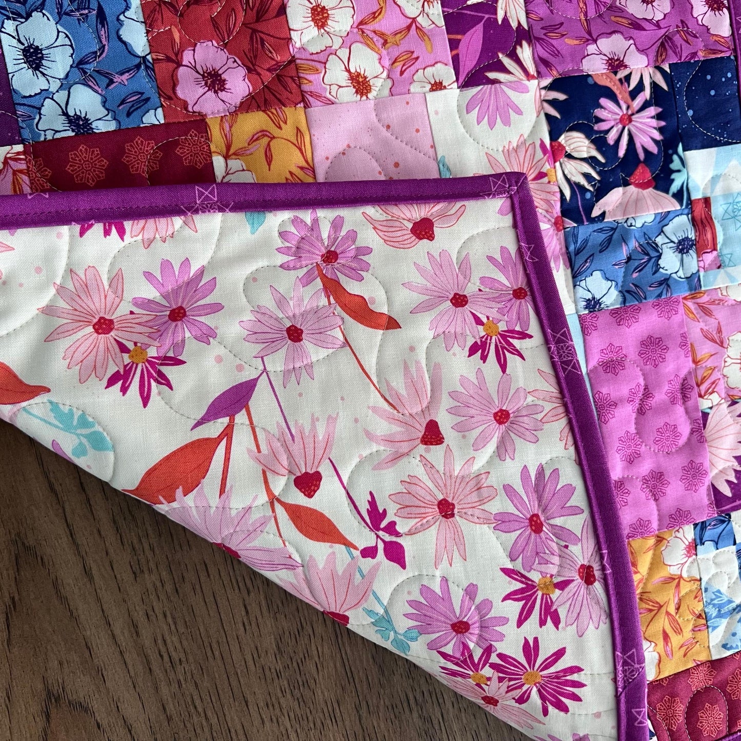 Pink Blue Gold Floral Quilted Table Runner, 19" x 39.75", Handmade Blue Pink Purple Yellow White Patchwork Table Runner Quilt