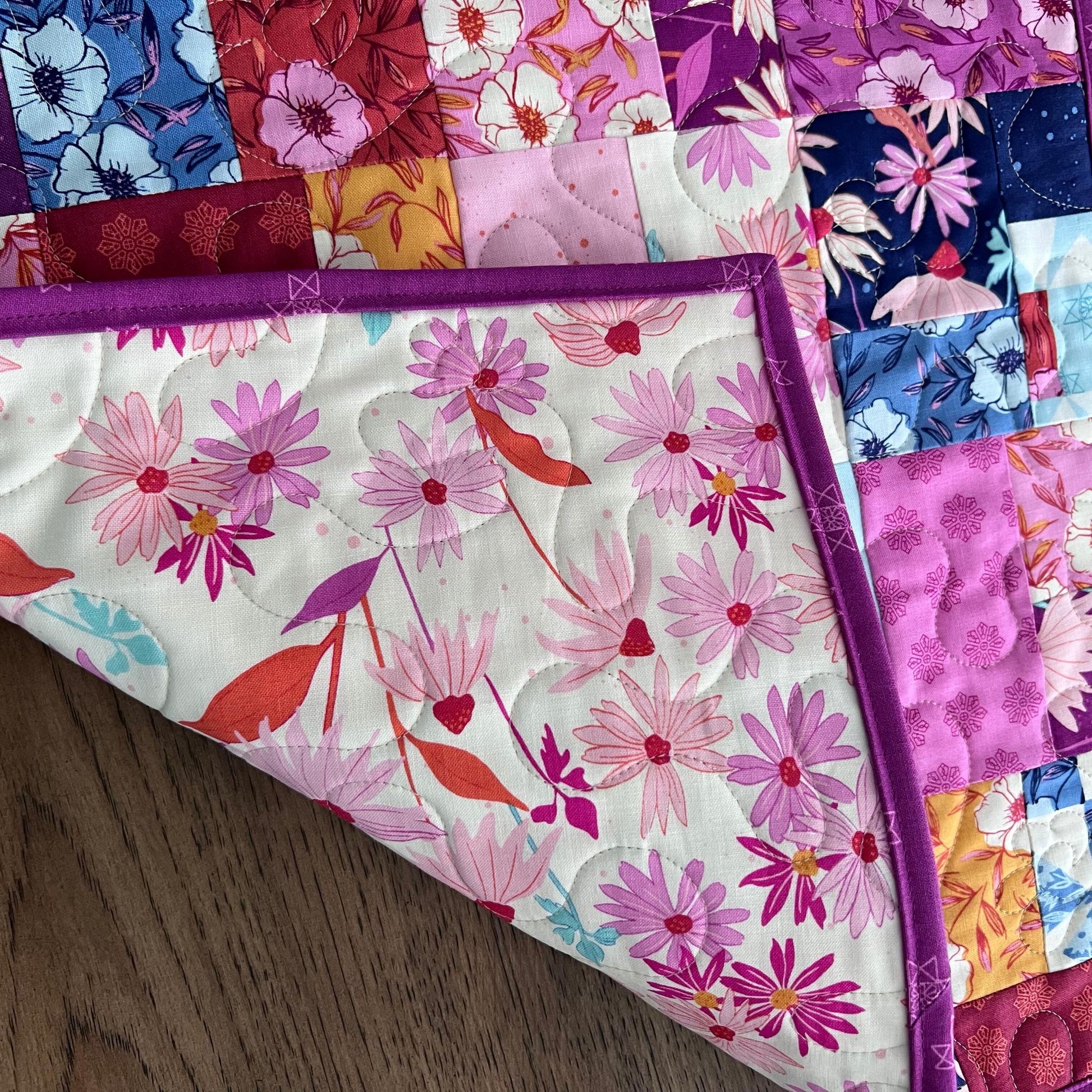 Pink Blue Gold Floral Quilted Table Runner, 19" x 39.75", Handmade Blue Pink Purple Yellow White Patchwork Table Runner Quilt