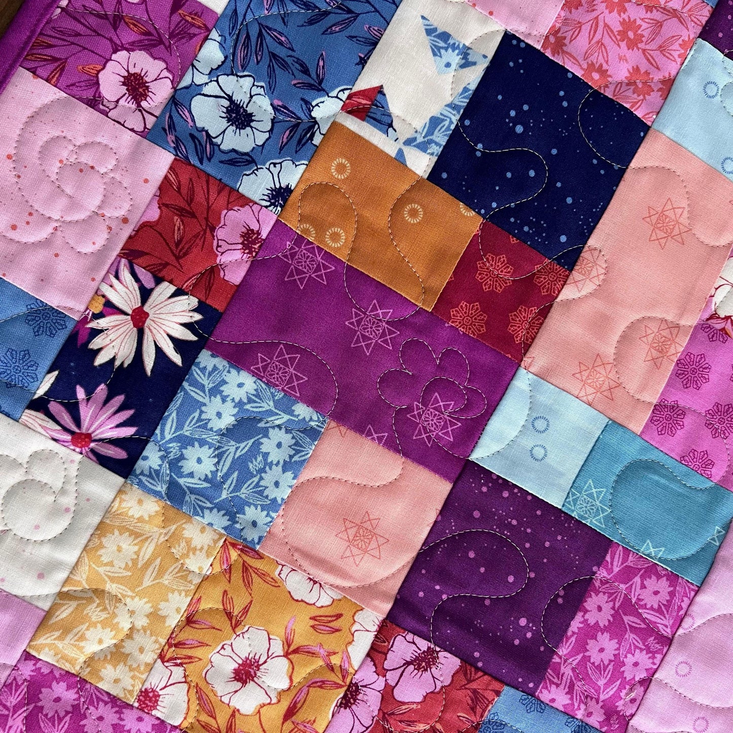 Pink Blue Gold Floral Quilted Table Runner, 19" x 39.75", Handmade Blue Pink Purple Yellow White Patchwork Table Runner Quilt