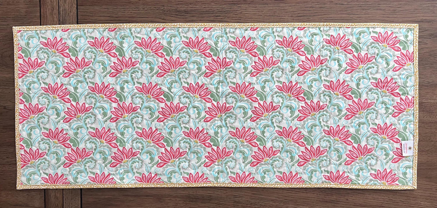 Pink Green Yellow Floral Quilted Table Runner, 16.5" x 40.5", Handmade Blue Pink Gold Green White Patchwork Table Runner Quilt