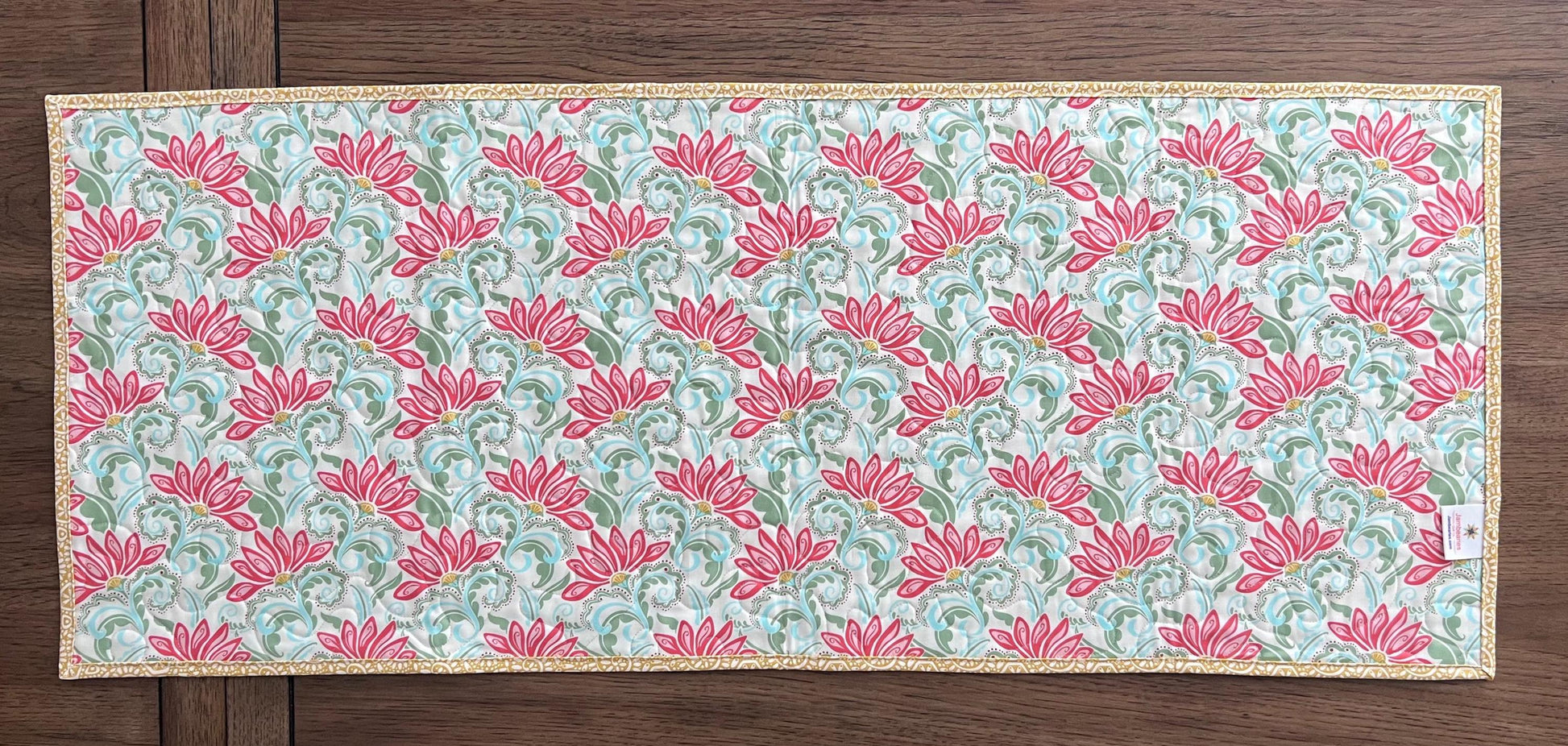Pink Green Yellow Floral Quilted Table Runner, 16.5" x 40.5", Handmade Blue Pink Gold Green White Patchwork Table Runner Quilt