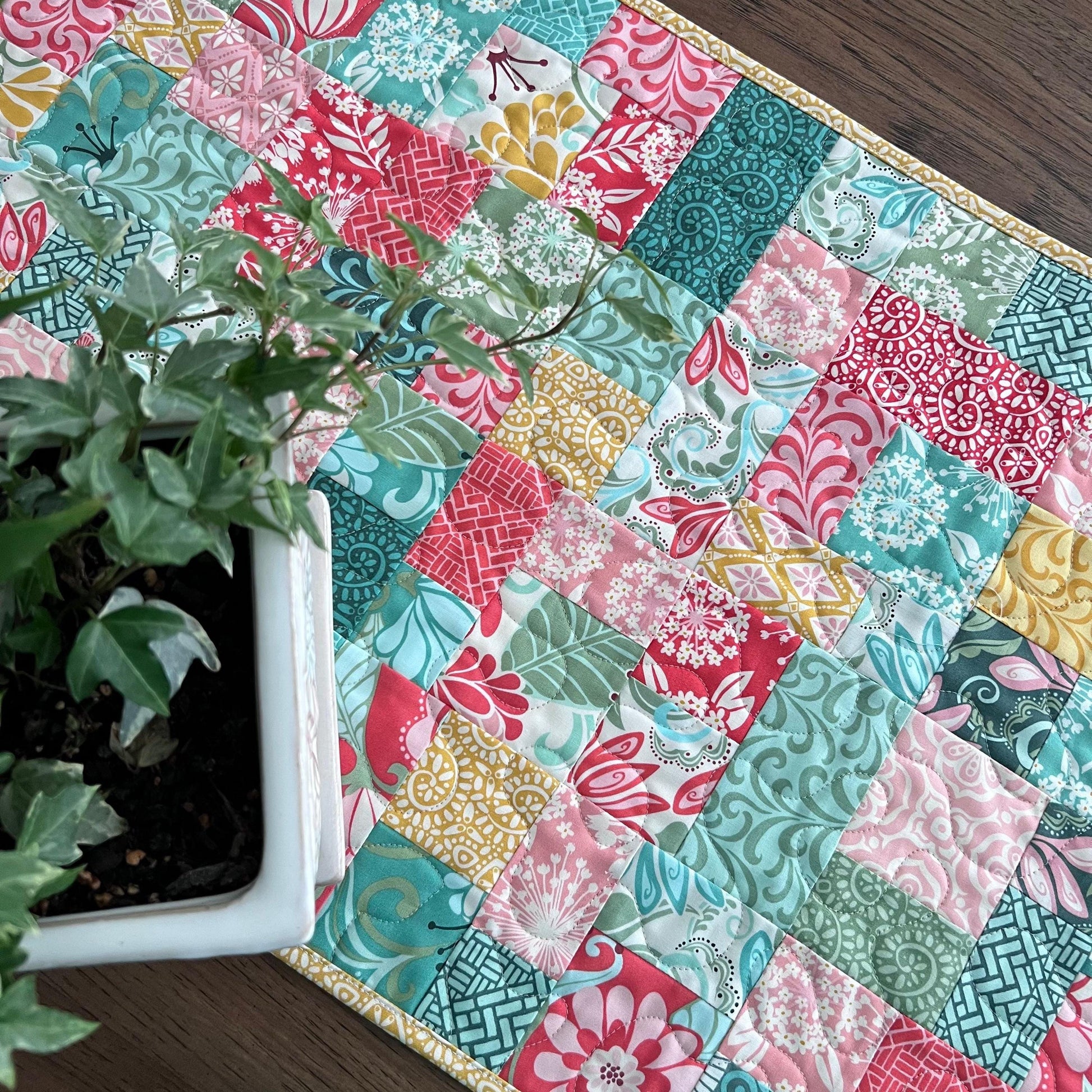 Pink Green Yellow Floral Quilted Table Runner, 16.5" x 40.5", Handmade Blue Pink Gold Green White Patchwork Table Runner Quilt