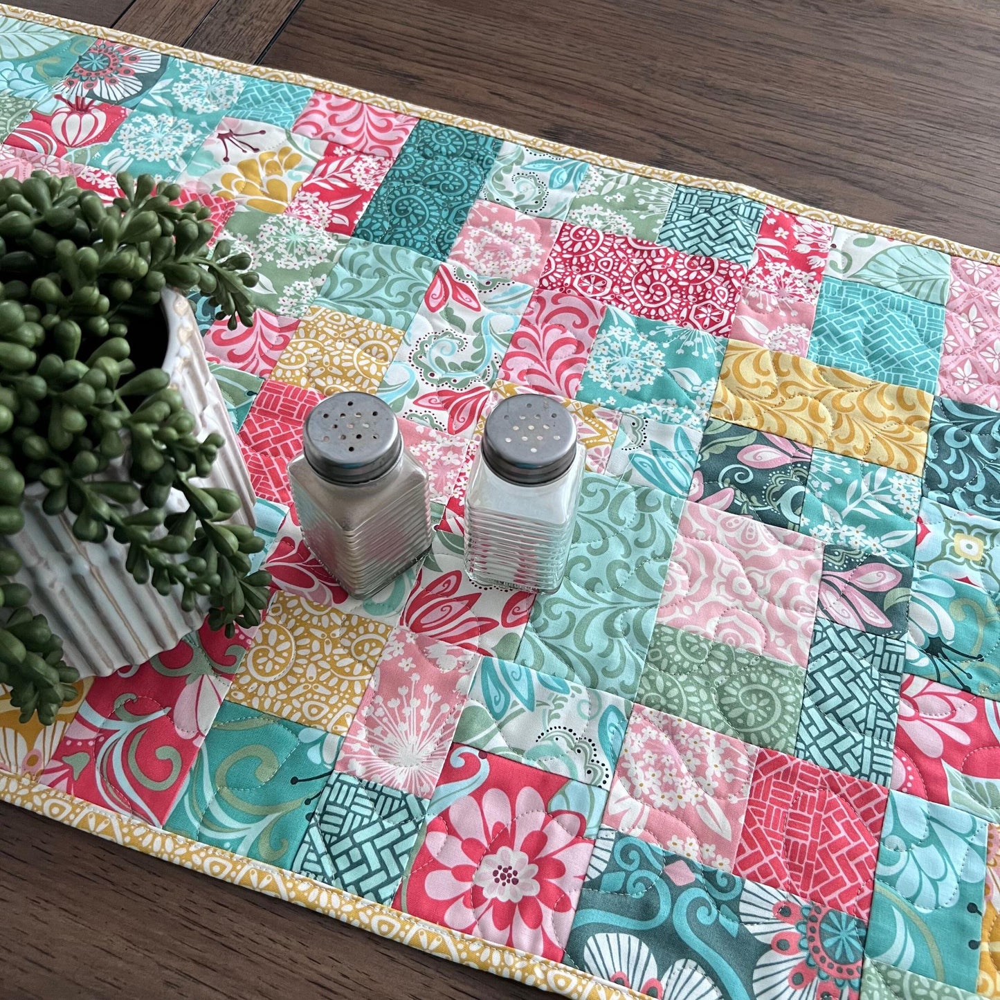 Pink Green Yellow Floral Quilted Table Runner, 16.5" x 40.5", Handmade Blue Pink Gold Green White Patchwork Table Runner Quilt