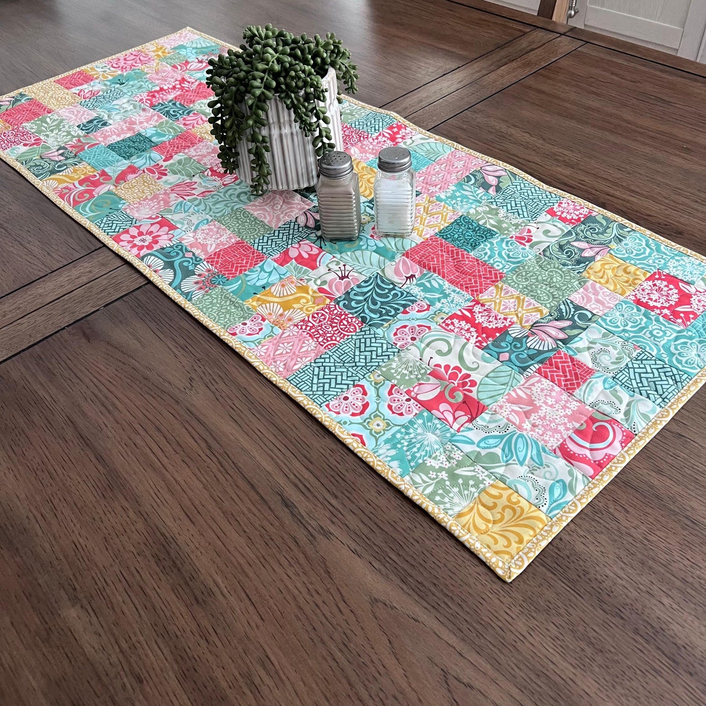 Pink Green Yellow Floral Quilted Table Runner, 16.5" x 40.5", Handmade Blue Pink Gold Green White Patchwork Table Runner Quilt