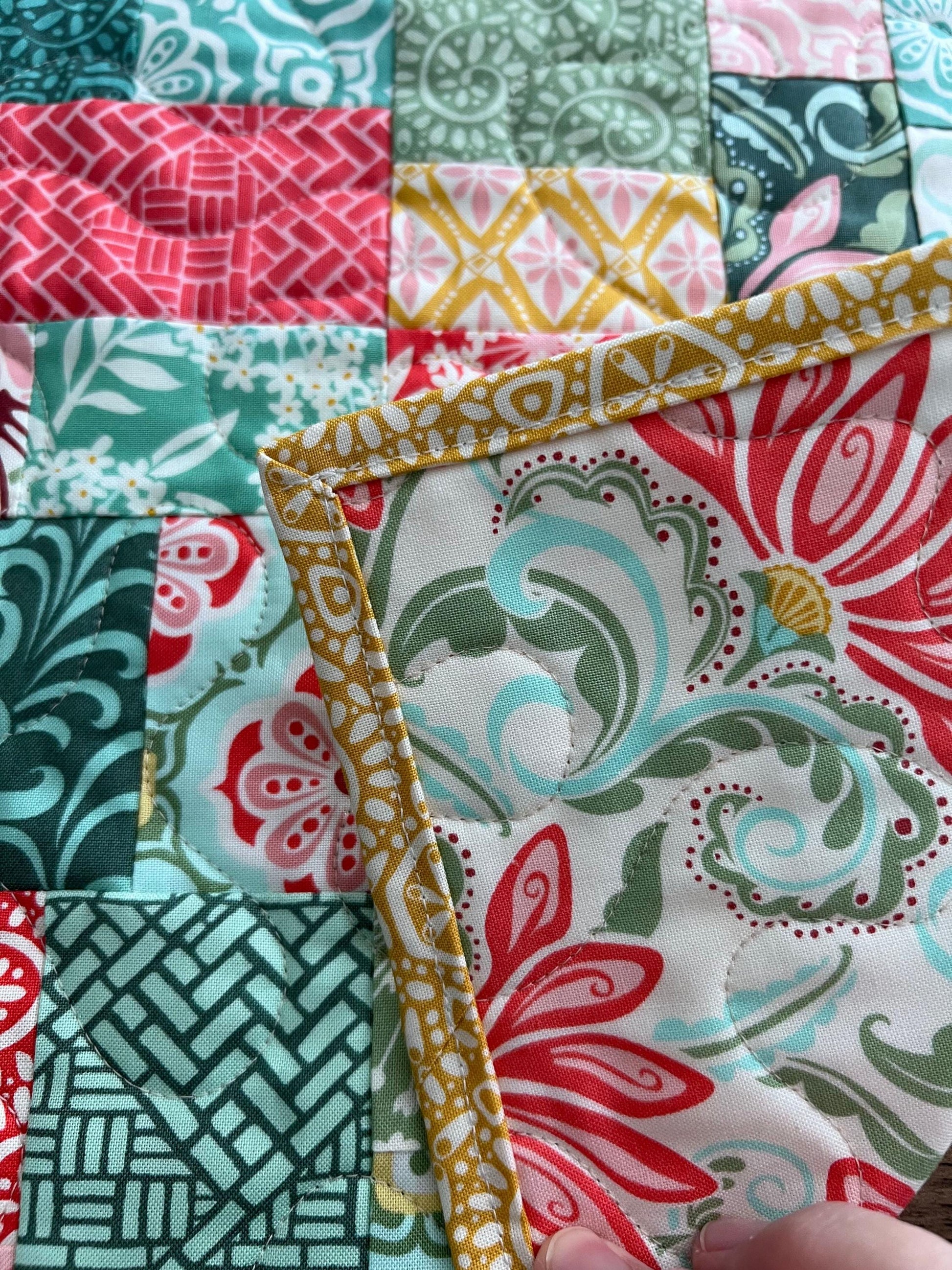 Pink Green Yellow Floral Quilted Table Runner, 16.5" x 40.5", Handmade Blue Pink Gold Green White Patchwork Table Runner Quilt