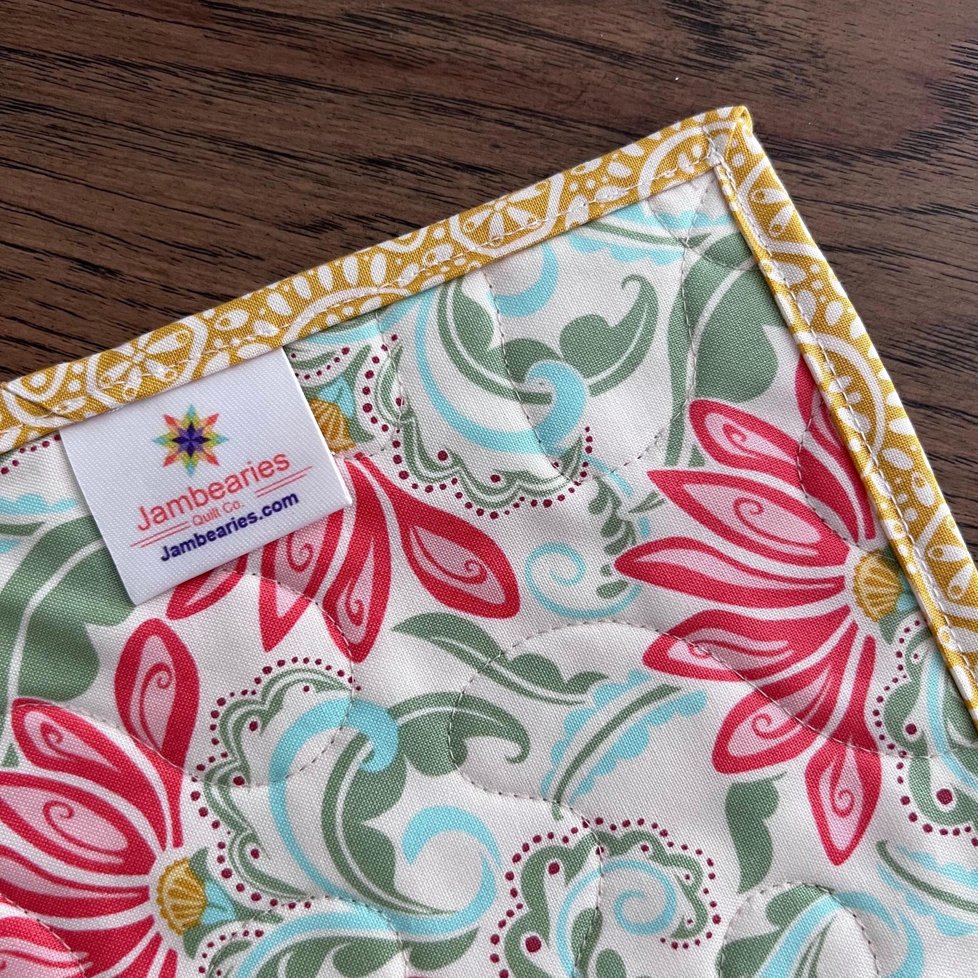 Pink Green Yellow Floral Quilted Table Runner, 16.5" x 40.5", Handmade Blue Pink Gold Green White Patchwork Table Runner Quilt