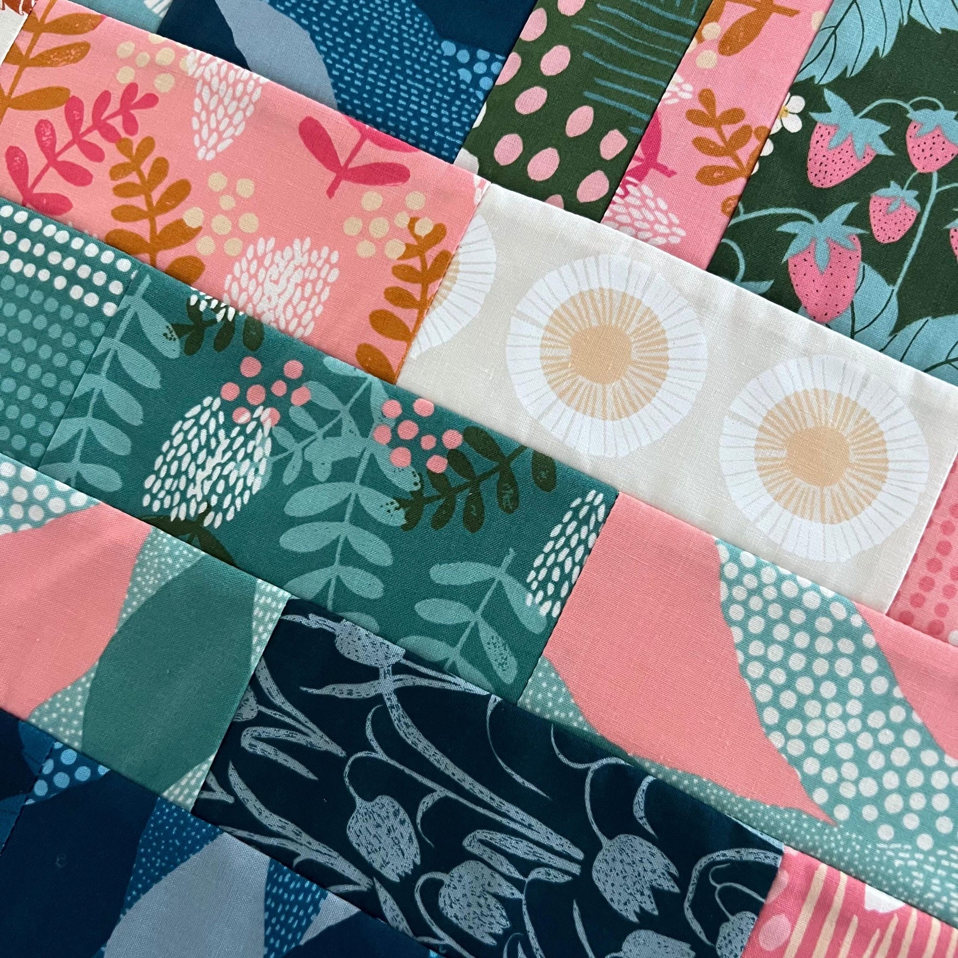 Navy Blue Pink Teal Floral Quilted Table Runner, 17" x 40", Handmade Blue Pink Green Teal Patchwork Table Runner Quilt