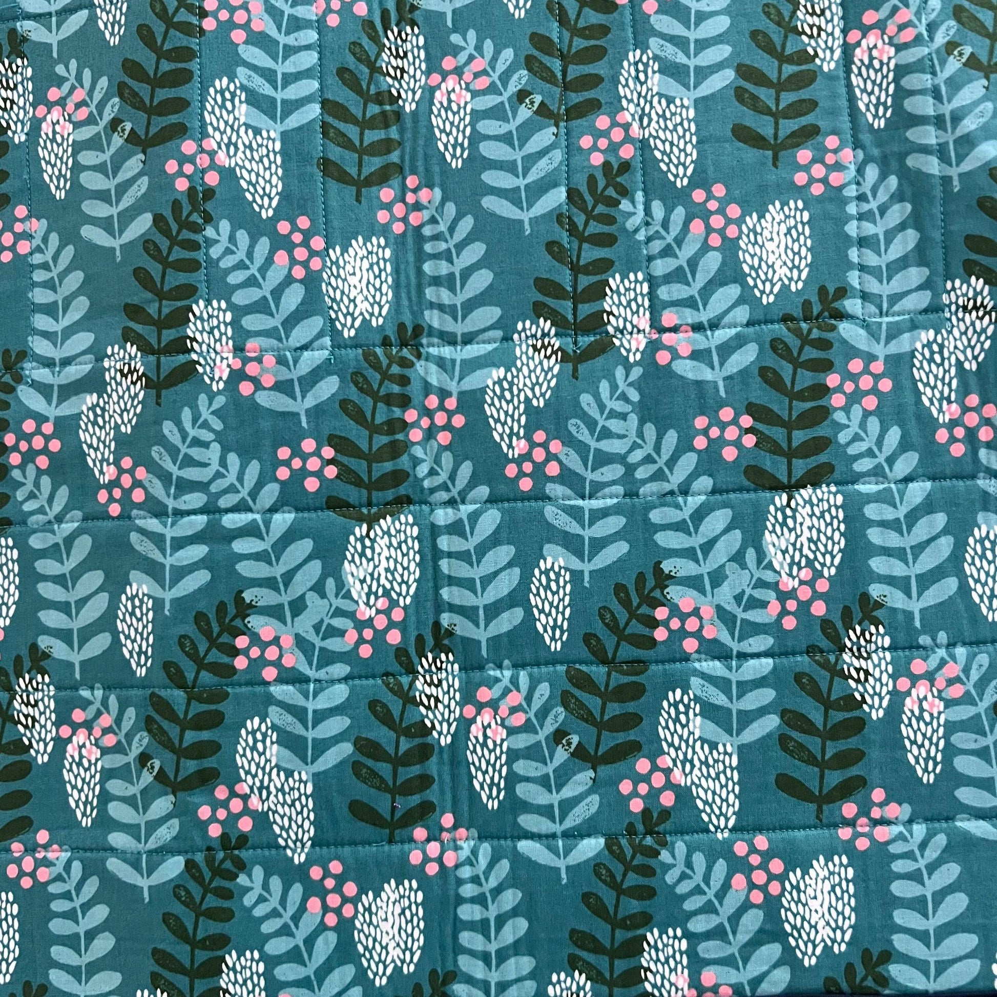 Navy Blue Pink Teal Floral Quilted Table Runner, 17" x 40", Handmade Blue Pink Green Teal Patchwork Table Runner Quilt