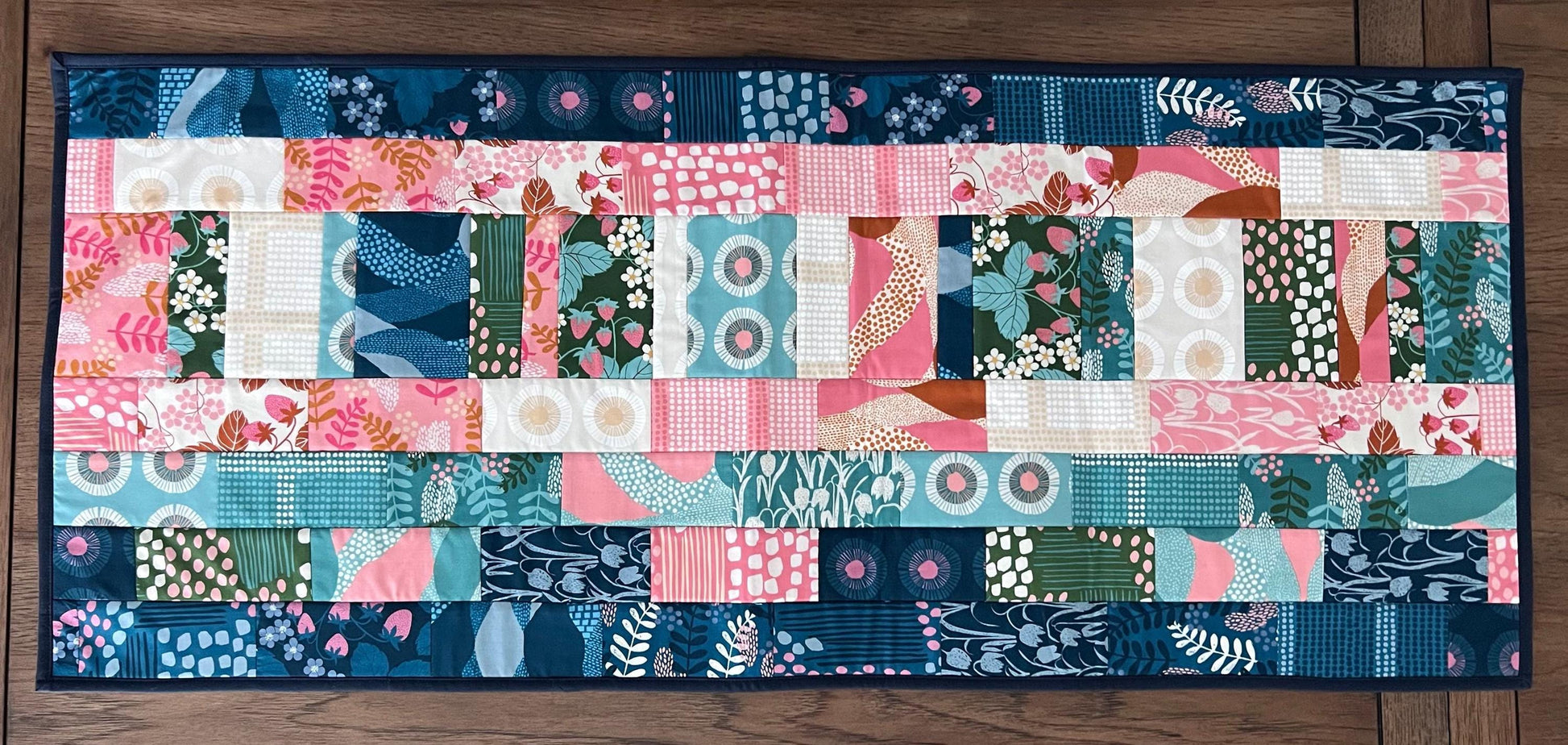 Navy Blue Pink Teal Floral Quilted Table Runner, 17" x 40", Handmade Blue Pink Green Teal Patchwork Table Runner Quilt