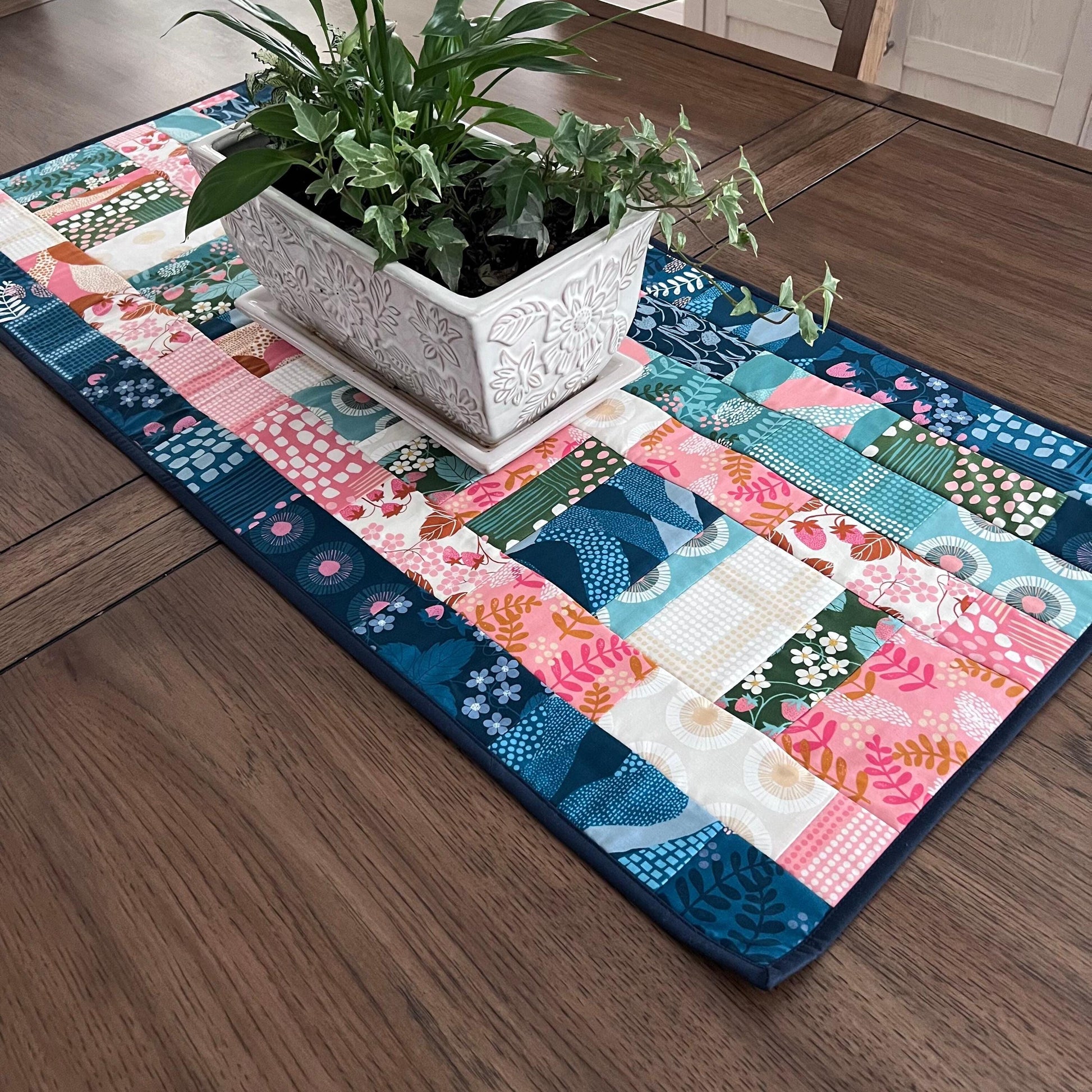 Navy Blue Pink Teal Floral Quilted Table Runner, 17" x 40", Handmade Blue Pink Green Teal Patchwork Table Runner Quilt