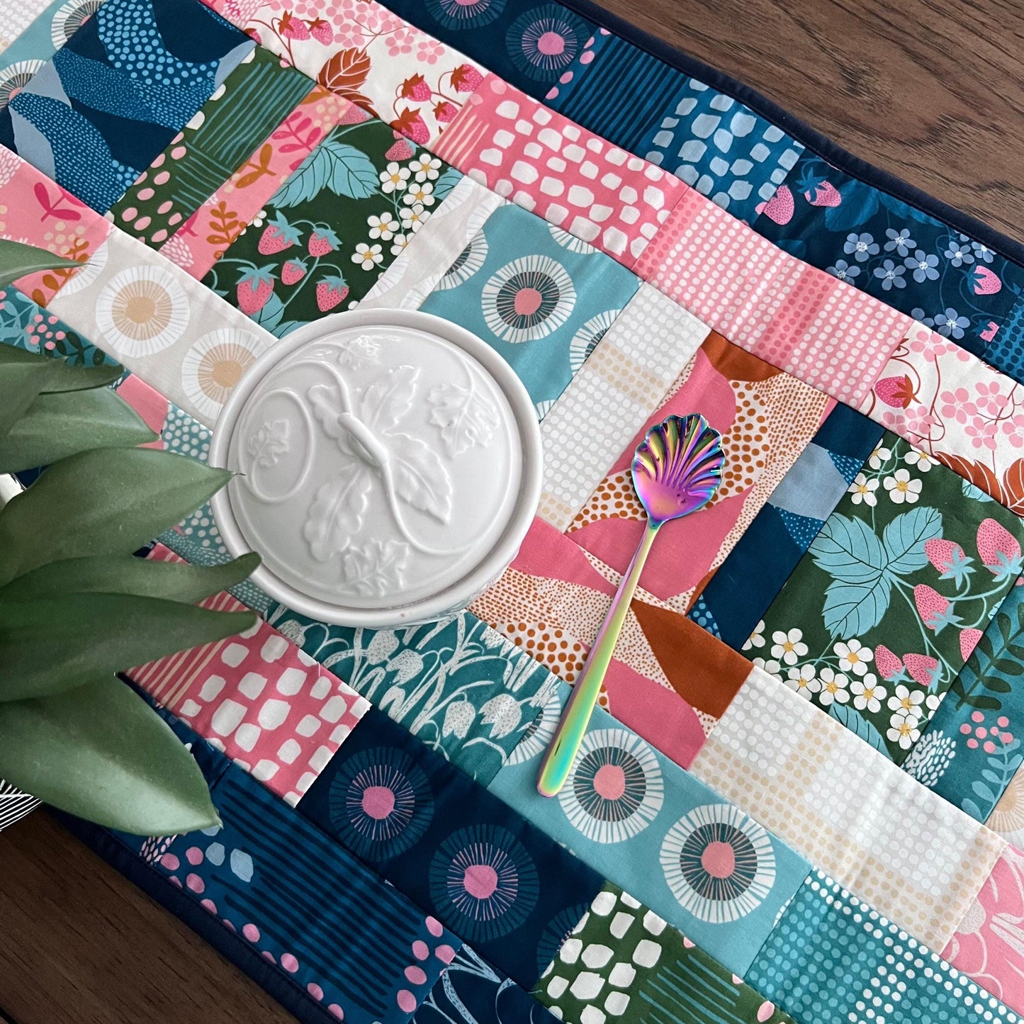 Navy Blue Pink Teal Floral Quilted Table Runner, 17" x 40", Handmade Blue Pink Green Teal Patchwork Table Runner Quilt