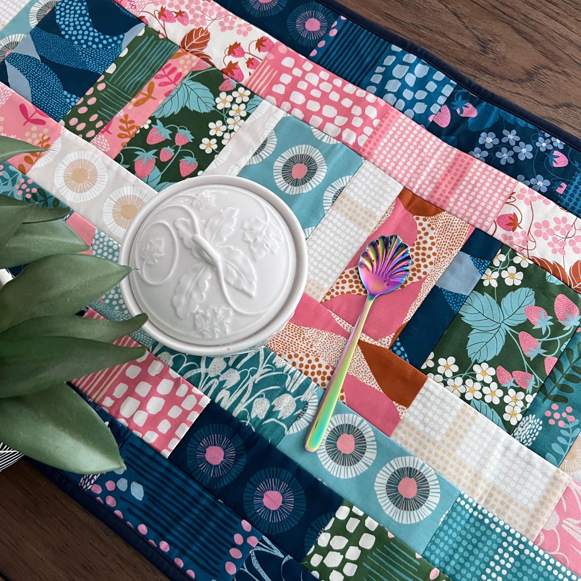 Navy Blue Pink Teal Floral Quilted Table Runner, 17" x 40", Handmade Blue Pink Green Teal Patchwork Table Runner Quilt