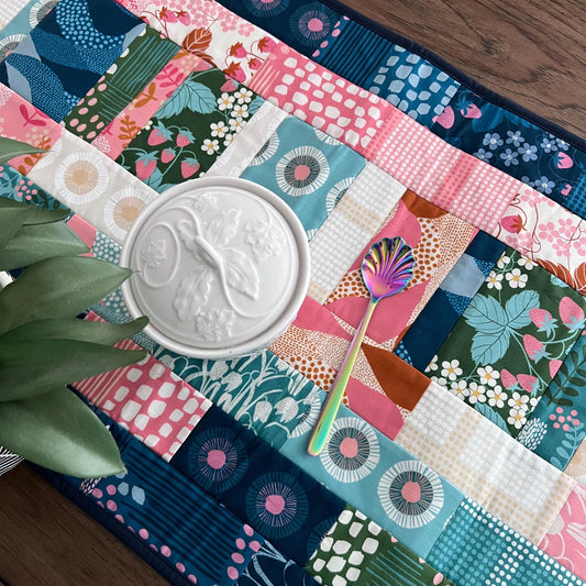 Navy Blue Pink Teal Floral Quilted Table Runner, 17" x 40", Handmade Blue Pink Green Teal Patchwork Table Runner Quilt