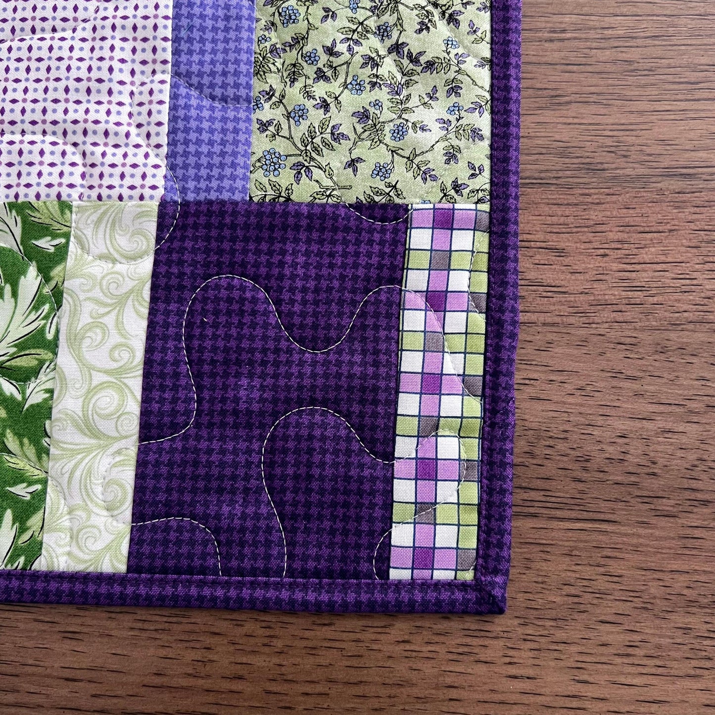 Purple Green Floral Patchwork Quilted Table Runner, 18.25" x 40.25", Handmade Purple Green Blue White Floral Table Runner Quilt