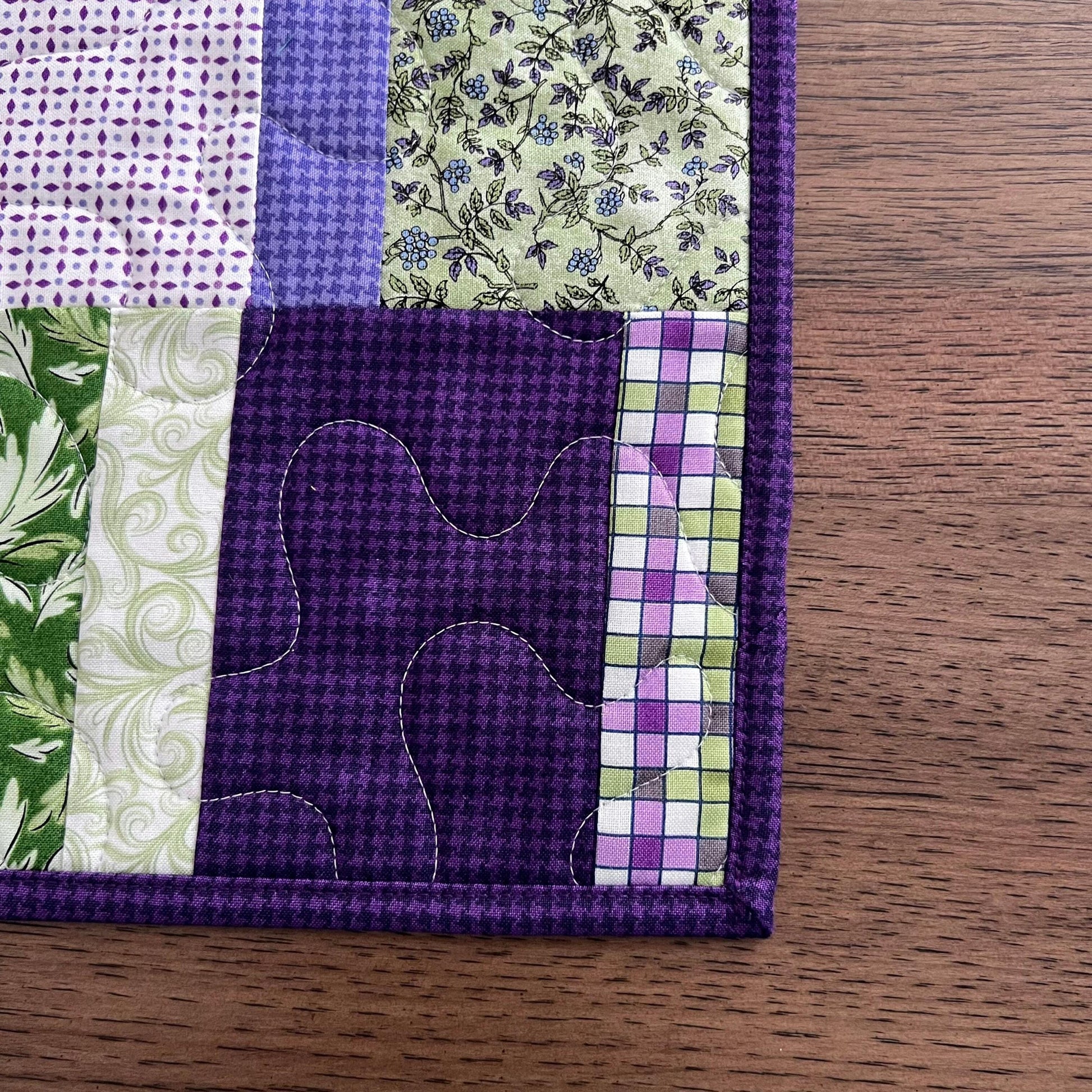Purple Green Floral Patchwork Quilted Table Runner, 18.25" x 40.25", Handmade Purple Green Blue White Floral Table Runner Quilt