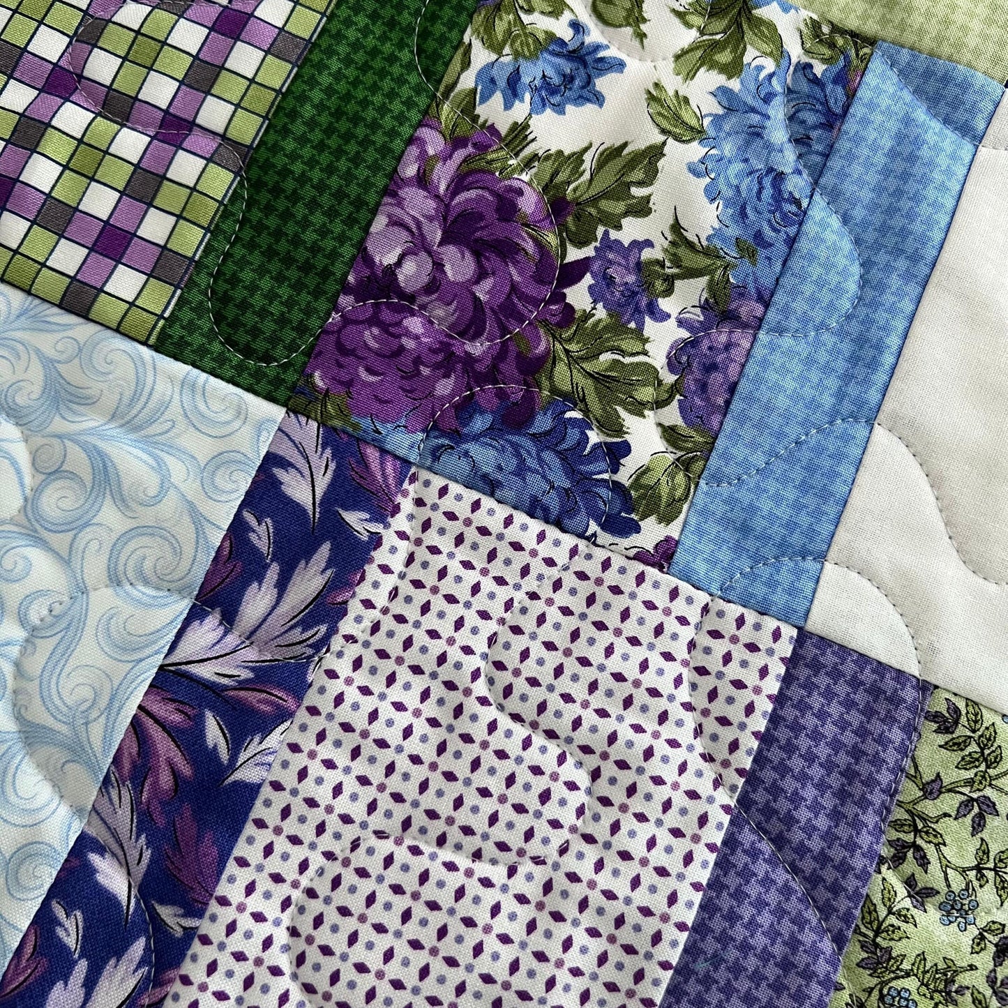 Purple Green Floral Patchwork Quilted Table Runner, 18.25" x 40.25", Handmade Purple Green Blue White Floral Table Runner Quilt