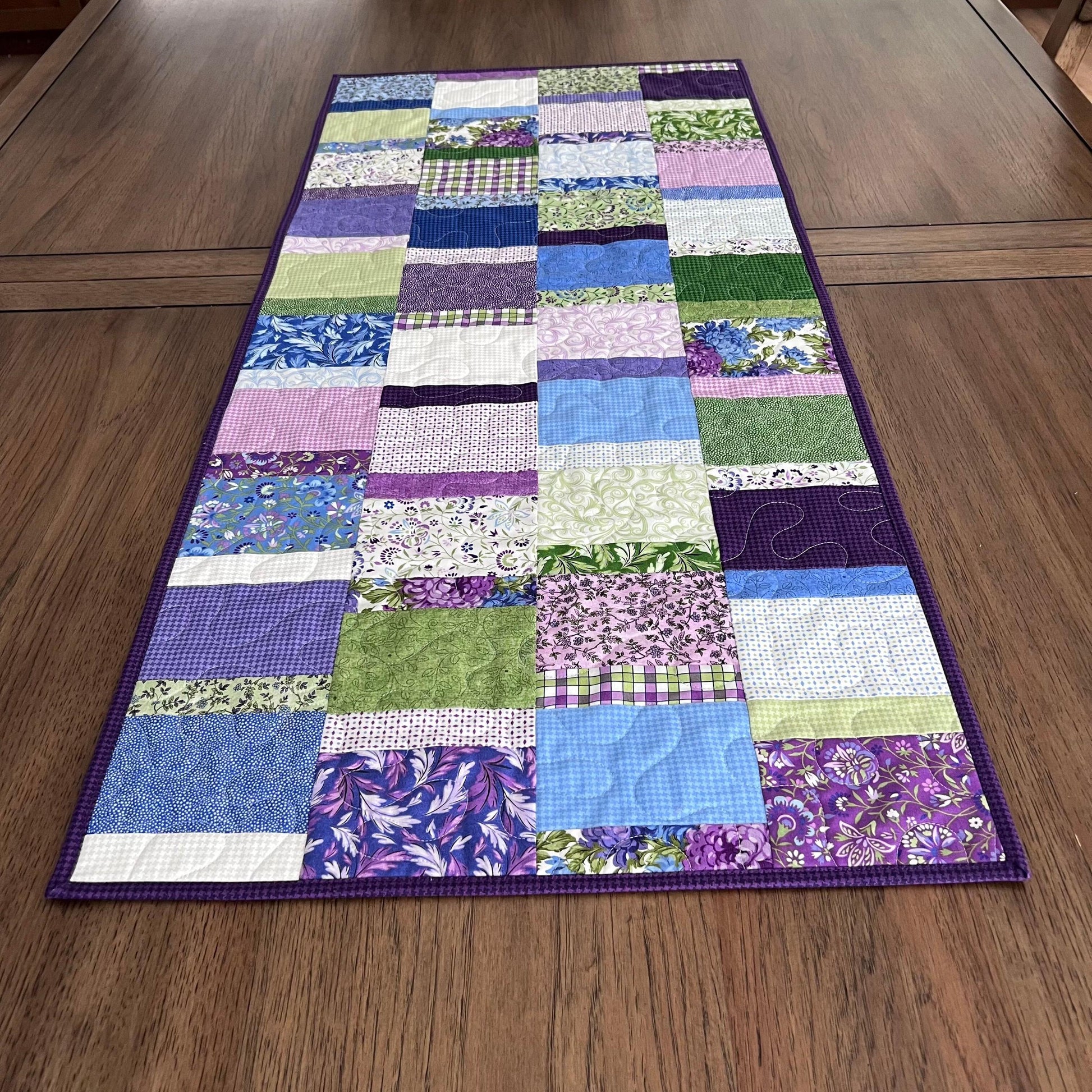 Purple Green Floral Patchwork Quilted Table Runner, 18.25" x 40.25", Handmade Purple Green Blue White Floral Table Runner Quilt