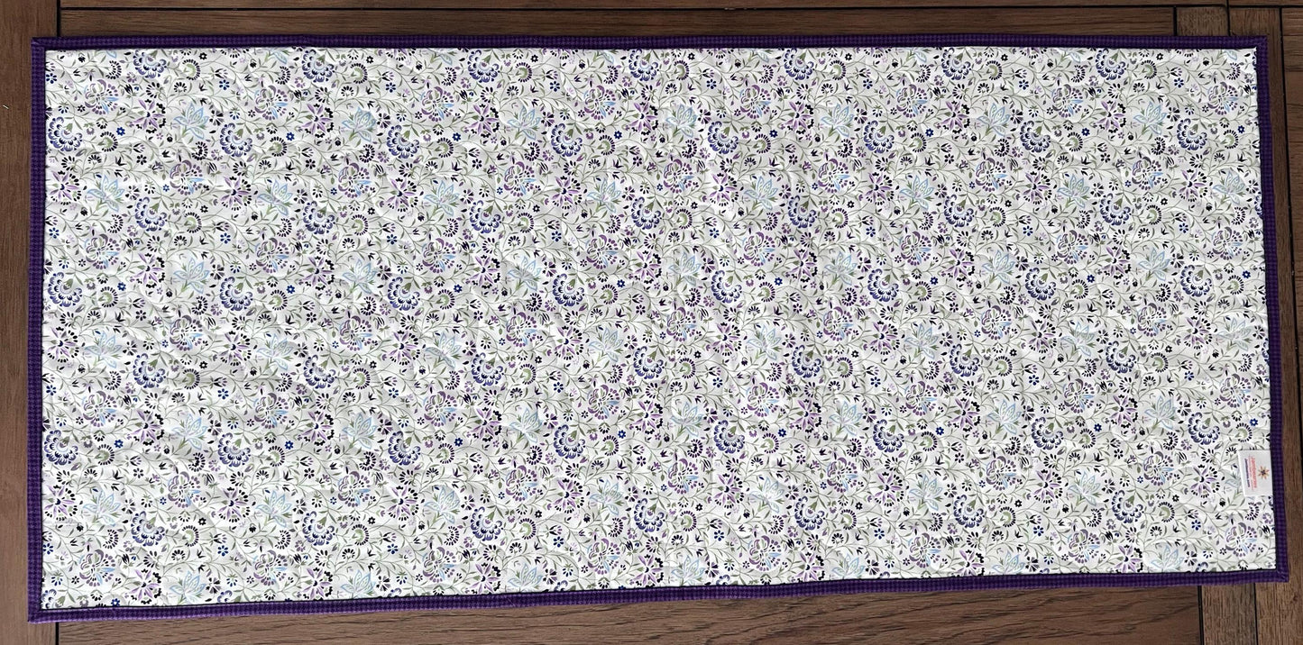 Purple Green Floral Patchwork Quilted Table Runner, 18.25" x 40.25", Handmade Purple Green Blue White Floral Table Runner Quilt
