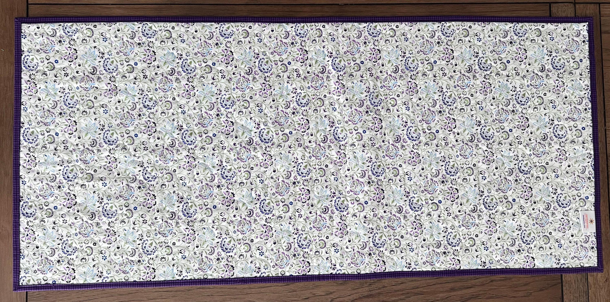 Purple Green Floral Patchwork Quilted Table Runner, 18.25" x 40.25", Handmade Purple Green Blue White Floral Table Runner Quilt