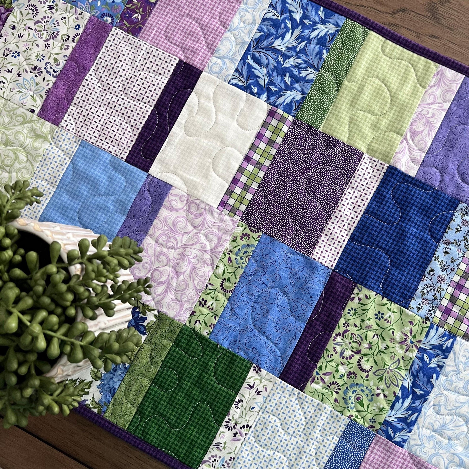 Purple Green Floral Patchwork Quilted Table Runner, 18.25" x 40.25", Handmade Purple Green Blue White Floral Table Runner Quilt