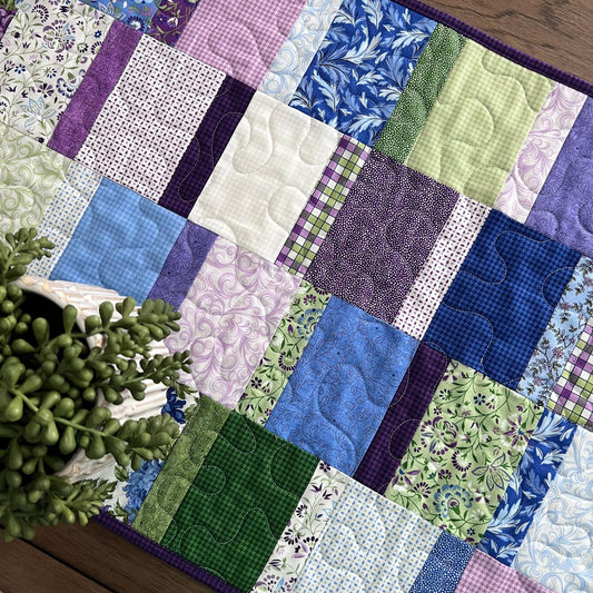 Purple Green Floral Patchwork Quilted Table Runner, 18.25" x 40.25", Handmade Purple Green Blue White Floral Table Runner Quilt