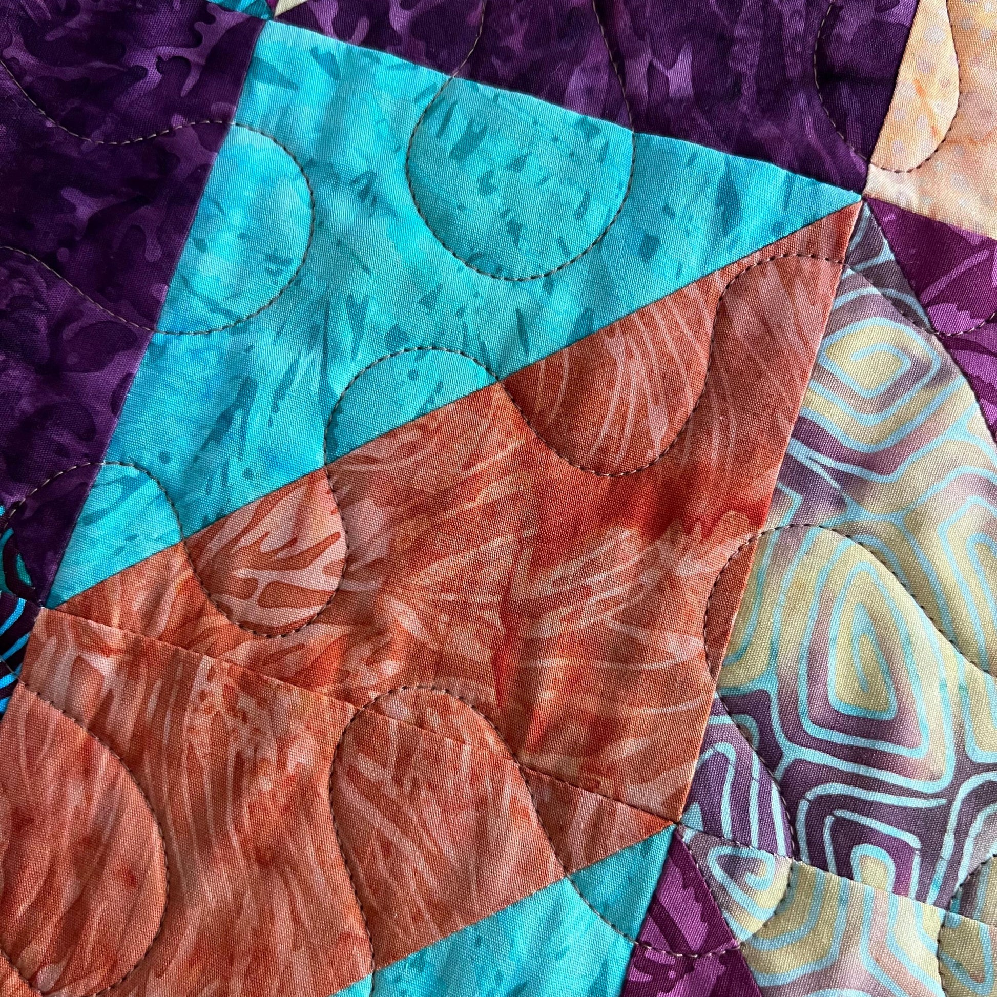 Teal Rust Purple Batik Chevron Quilted Table Runner, 16.5" x 40", Handmade Batik Chevron Table Runner Quilt