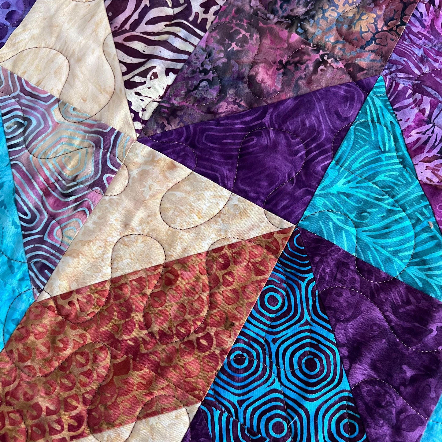 Teal Rust Purple Batik Chevron Quilted Table Runner, 16.5" x 40", Handmade Batik Chevron Table Runner Quilt