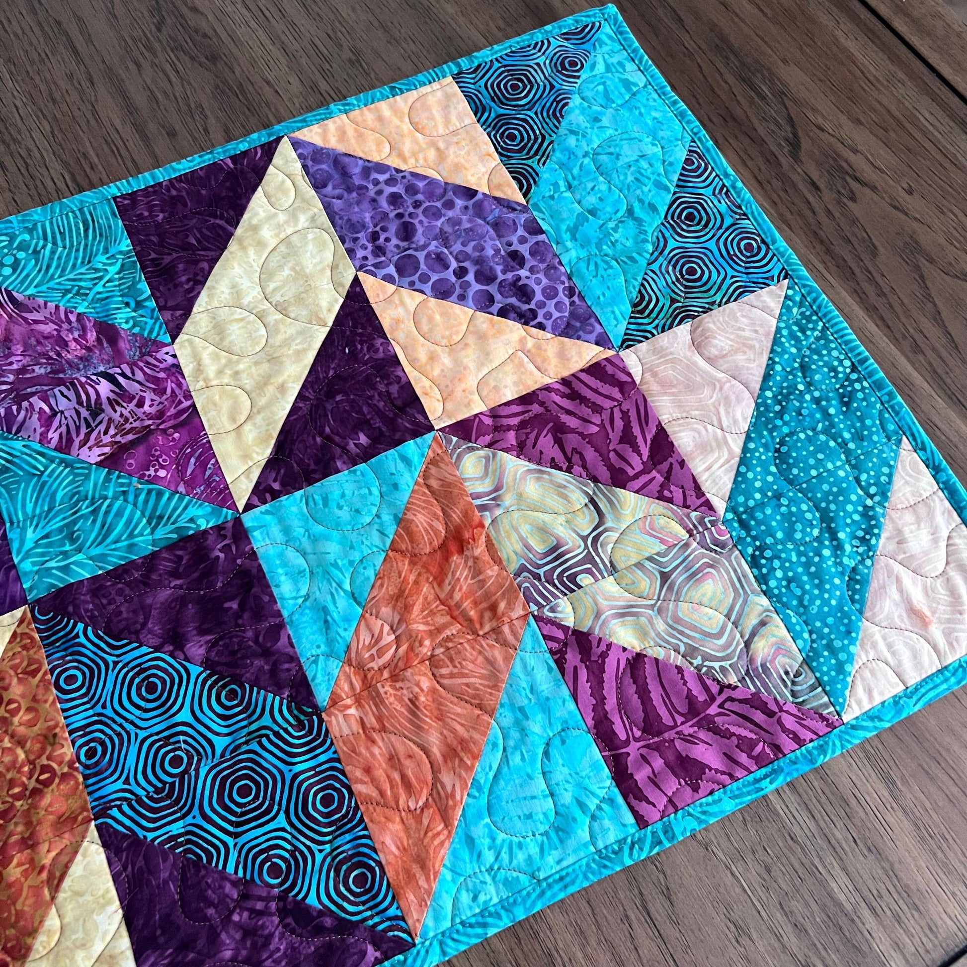 Teal Rust Purple Batik Chevron Quilted Table Runner, 16.5" x 40", Handmade Batik Chevron Table Runner Quilt