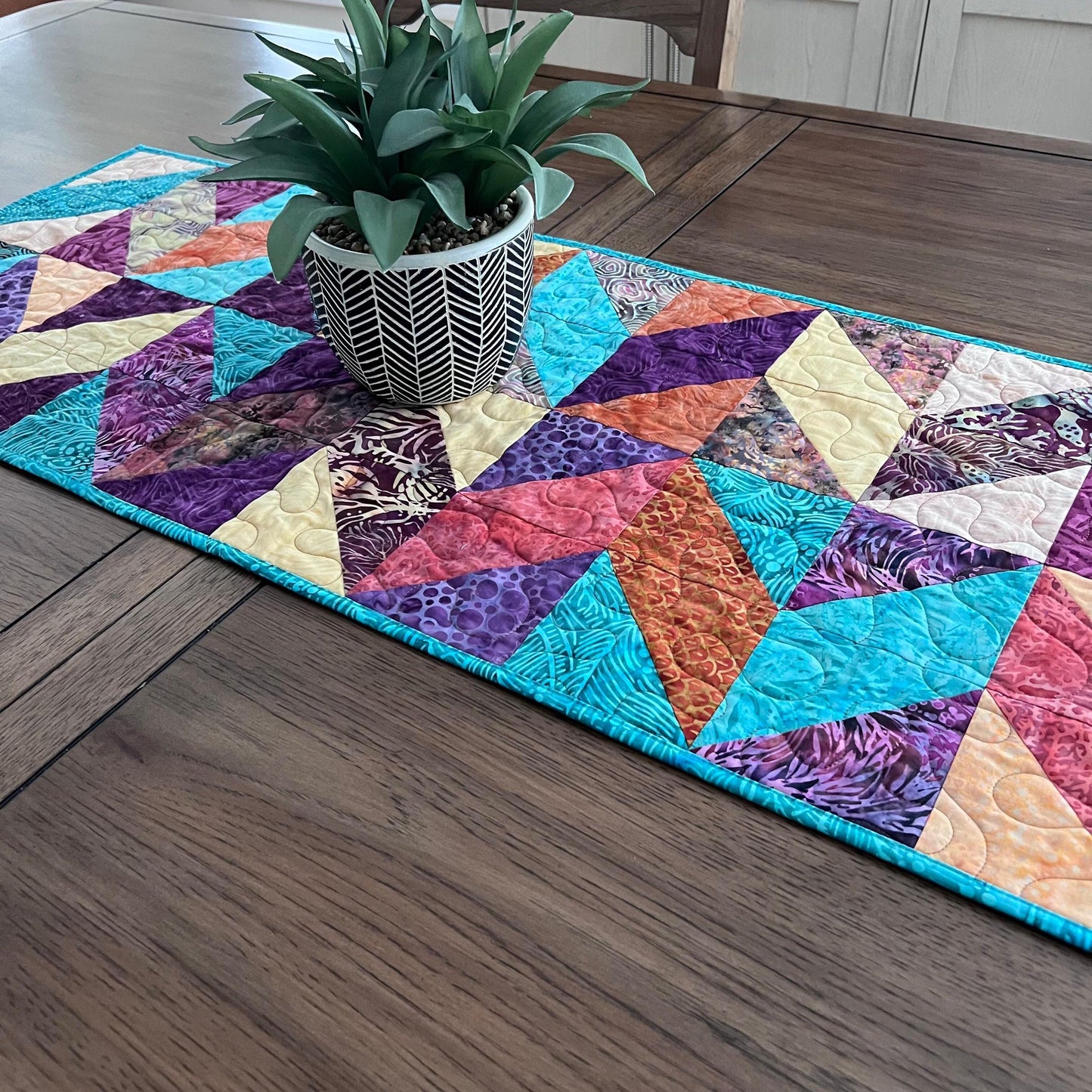 Teal Rust Purple Batik Chevron Quilted Table Runner, 16.5" x 40", Handmade Batik Chevron Table Runner Quilt