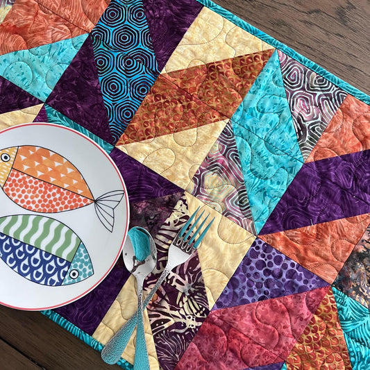 Teal Rust Purple Batik Chevron Quilted Table Runner, 16.5" x 40", Handmade Batik Chevron Table Runner Quilt