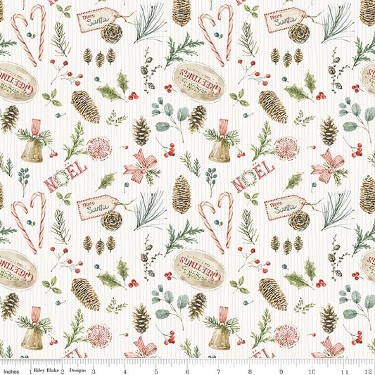 Holiday Spirit - Christmas Toss on Cream Fabric, Riley Blake C17461-Cream, Christmas Xmas Icons Pine Cones Fabric, Lisa Audit, By the Yard