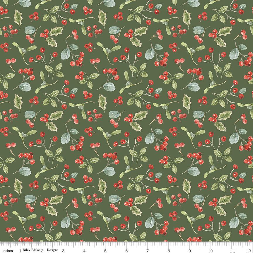 Holiday Spirit - Christmas Holly Berries Mistletoe on Green Fabric, Riley Blake C17463-Green, Christmas Xmas Fabric, Lisa Audit, By the Yard