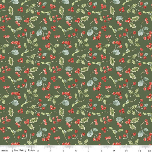 Holiday Spirit - Christmas Holly Berries Mistletoe on Green Fabric, Riley Blake C17463-Green, Christmas Xmas Fabric, Lisa Audit, By the Yard