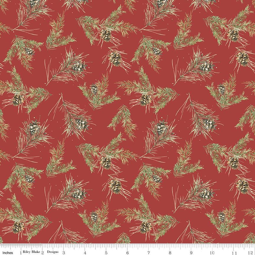 Holiday Spirit - Christmas Pine Cones on Red Fabric, Riley Blake C17464-Red, Christmas Xmas Pine Branches Fabric, Lisa Audit, By the Yard